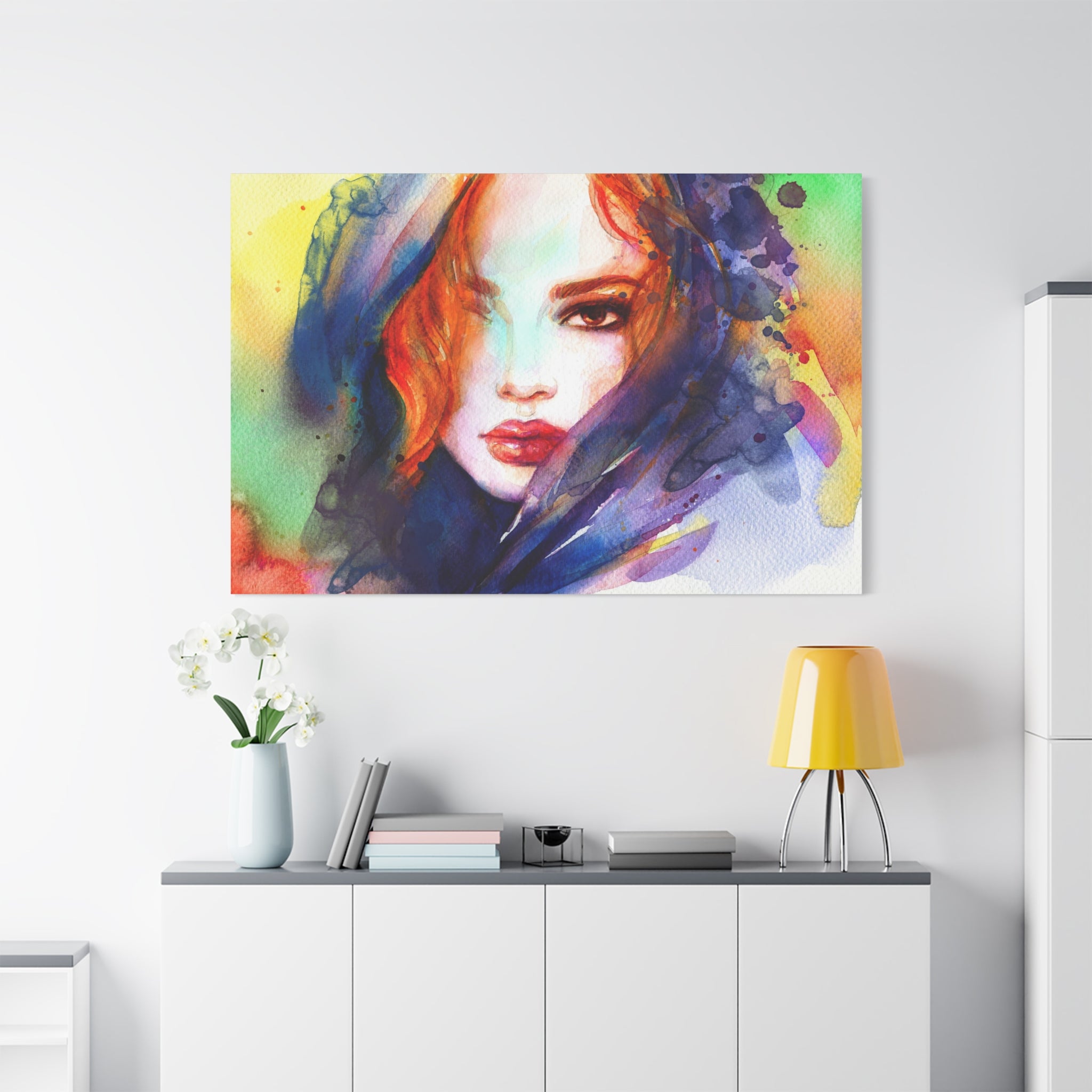 Watercolor Portrait Canvas Print — Vibrant Woman Face Matte Stretched Wall Art