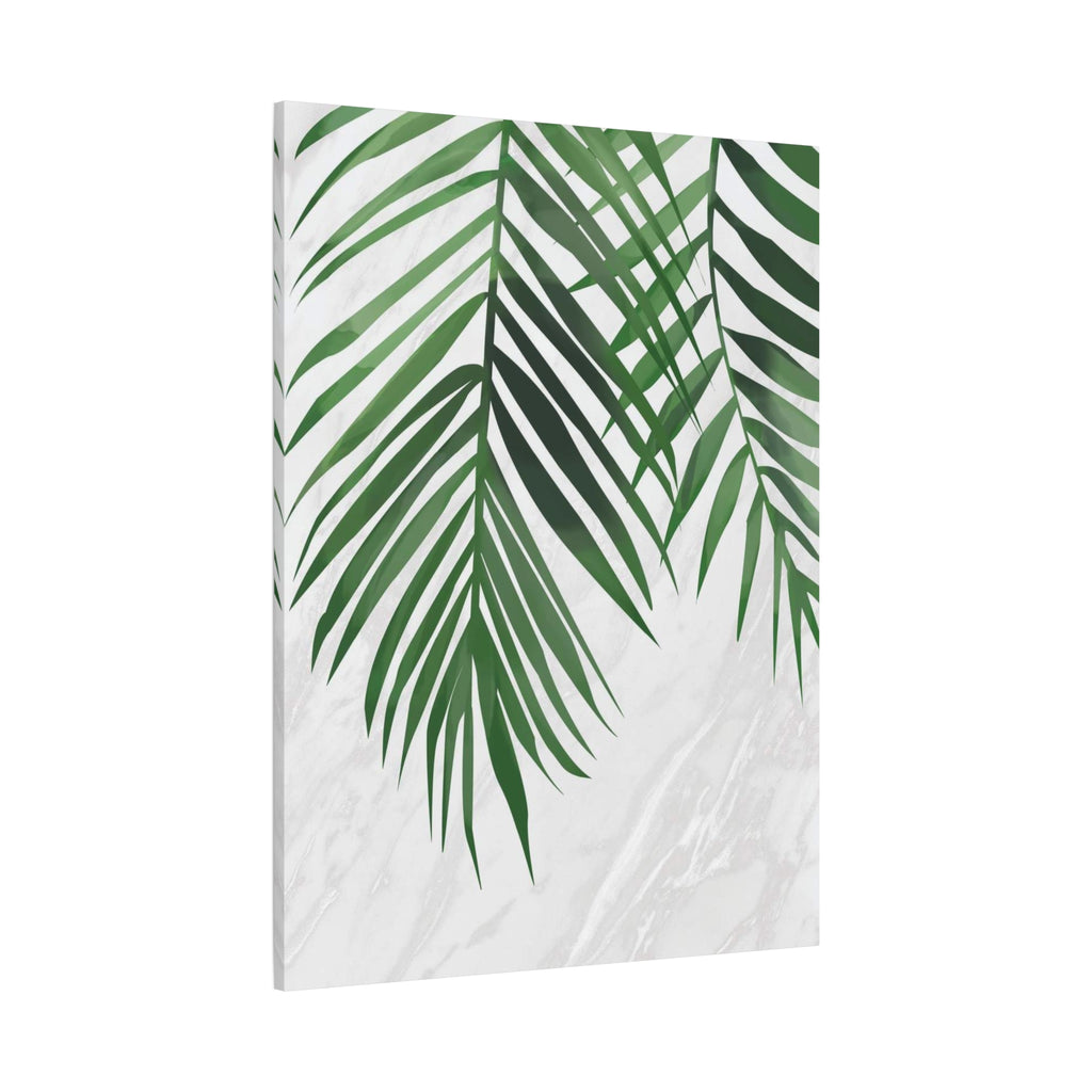Tropical Palm Leaf Canvas Wall Art — Green Palm Fronds on Marble Matte Canvas 