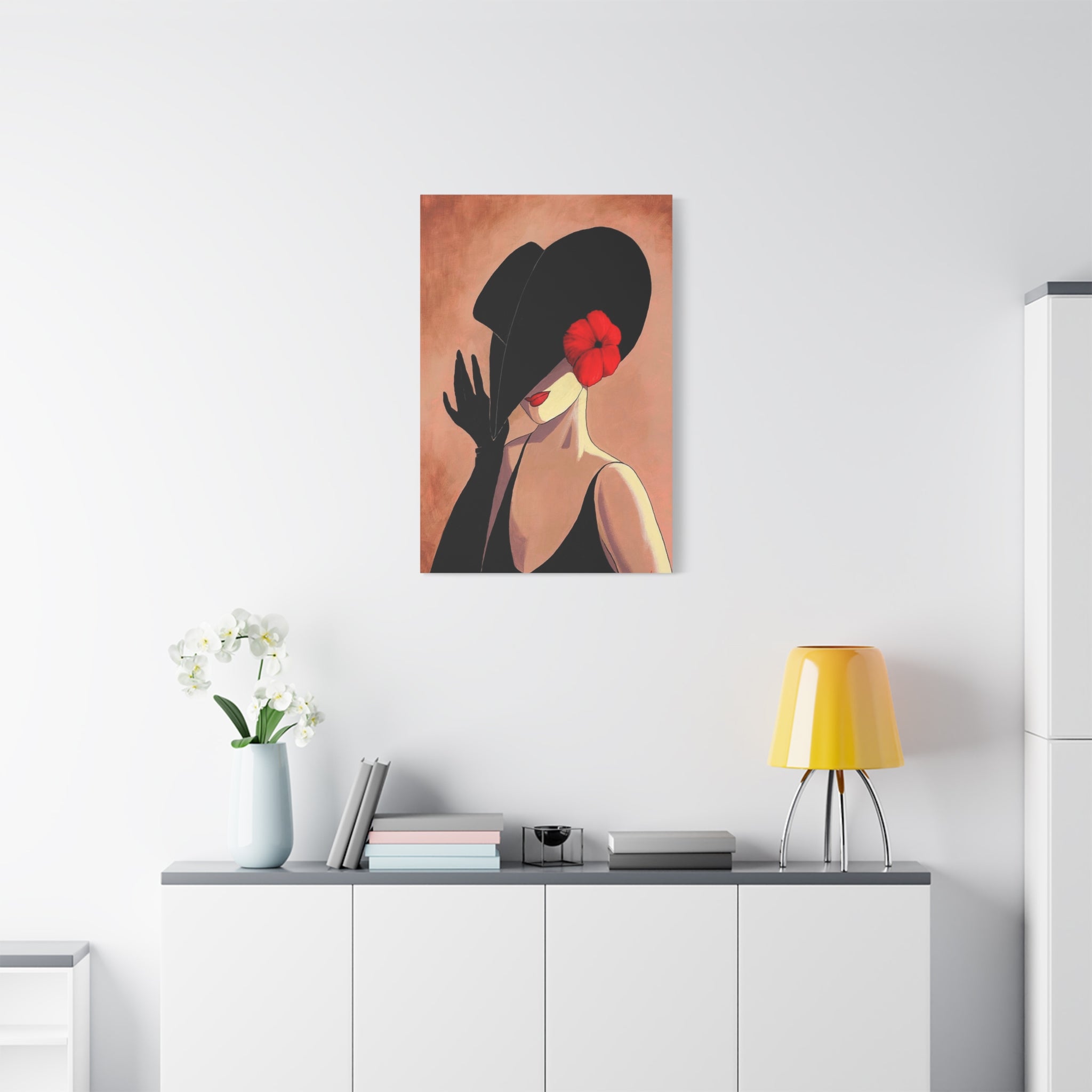 Elegant Lady with Black Hat Canvas Art — Red Flower Portrait 