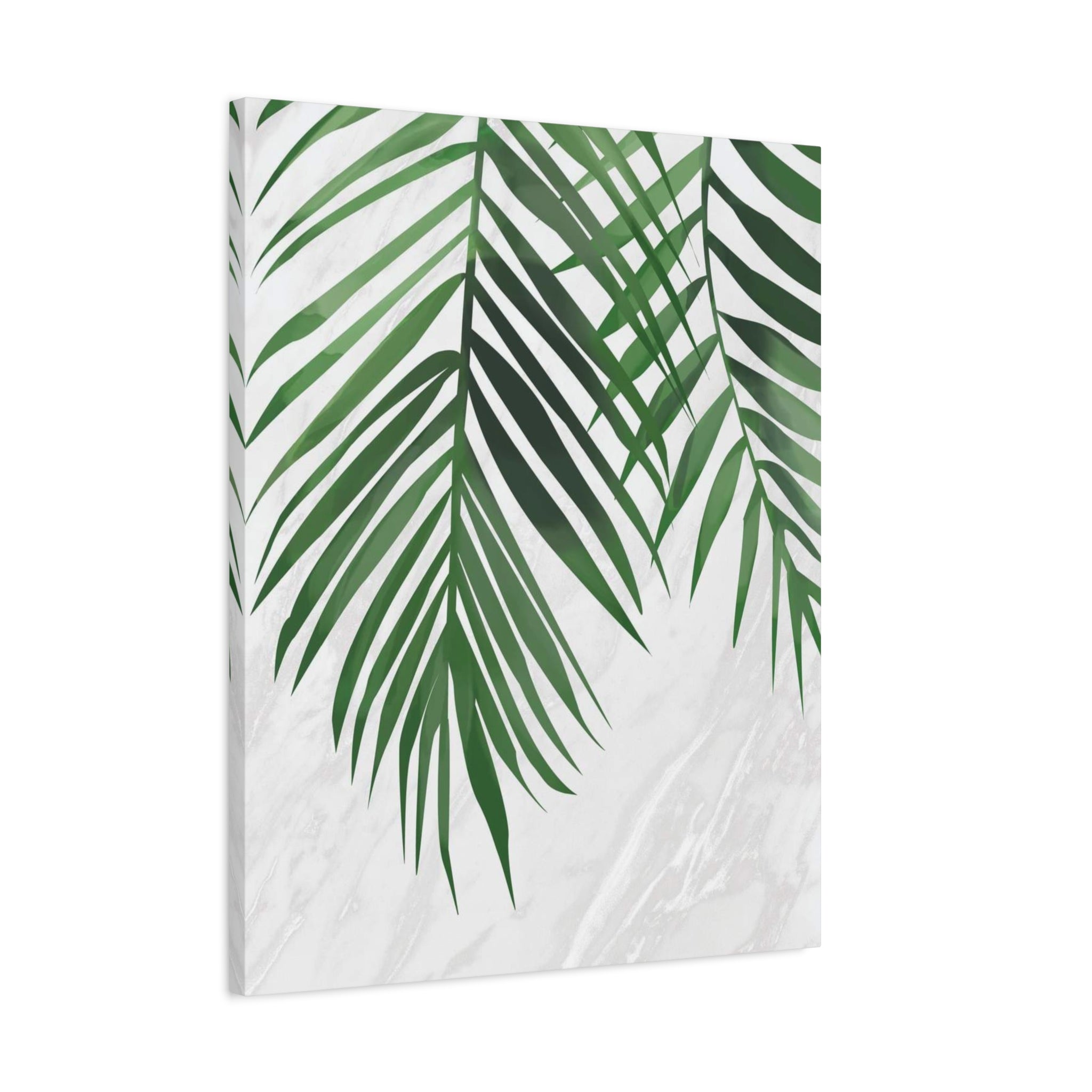 Tropical Palm Leaf Canvas Wall Art — Green Palm Fronds on Marble Matte Canvas 