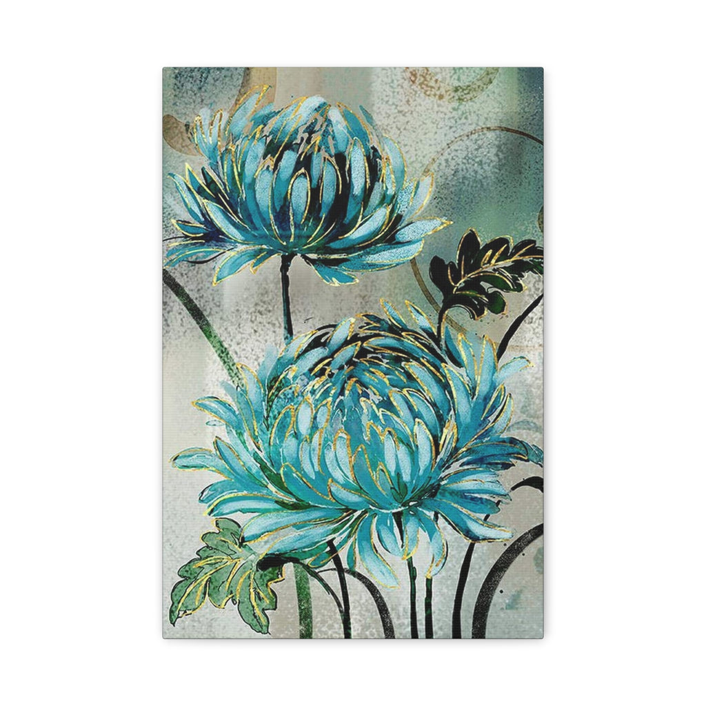 Blue Chrysanthemum Wall Art – Matte Stretched Floral Canvas Print - TheKaraHan