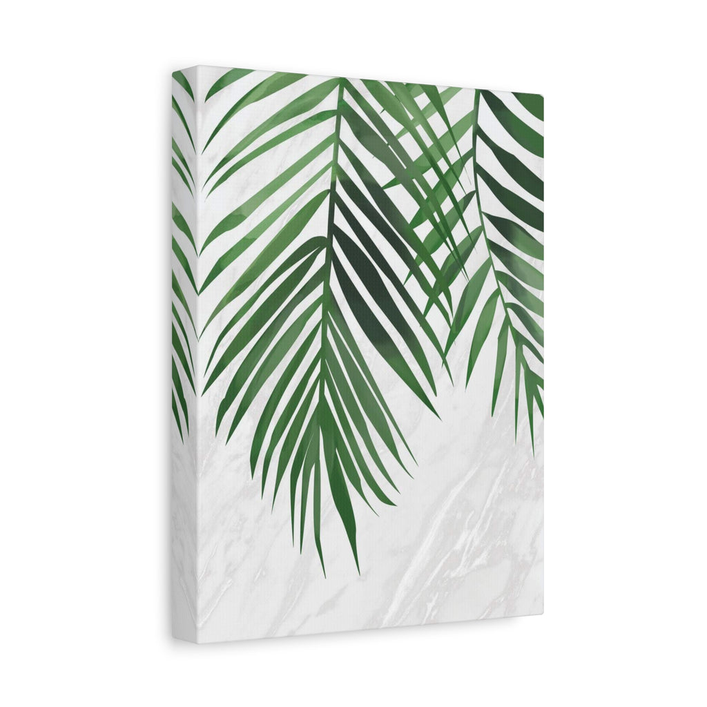 Tropical Palm Leaf Canvas Wall Art — Green Palm Fronds on Marble Matte Canvas 