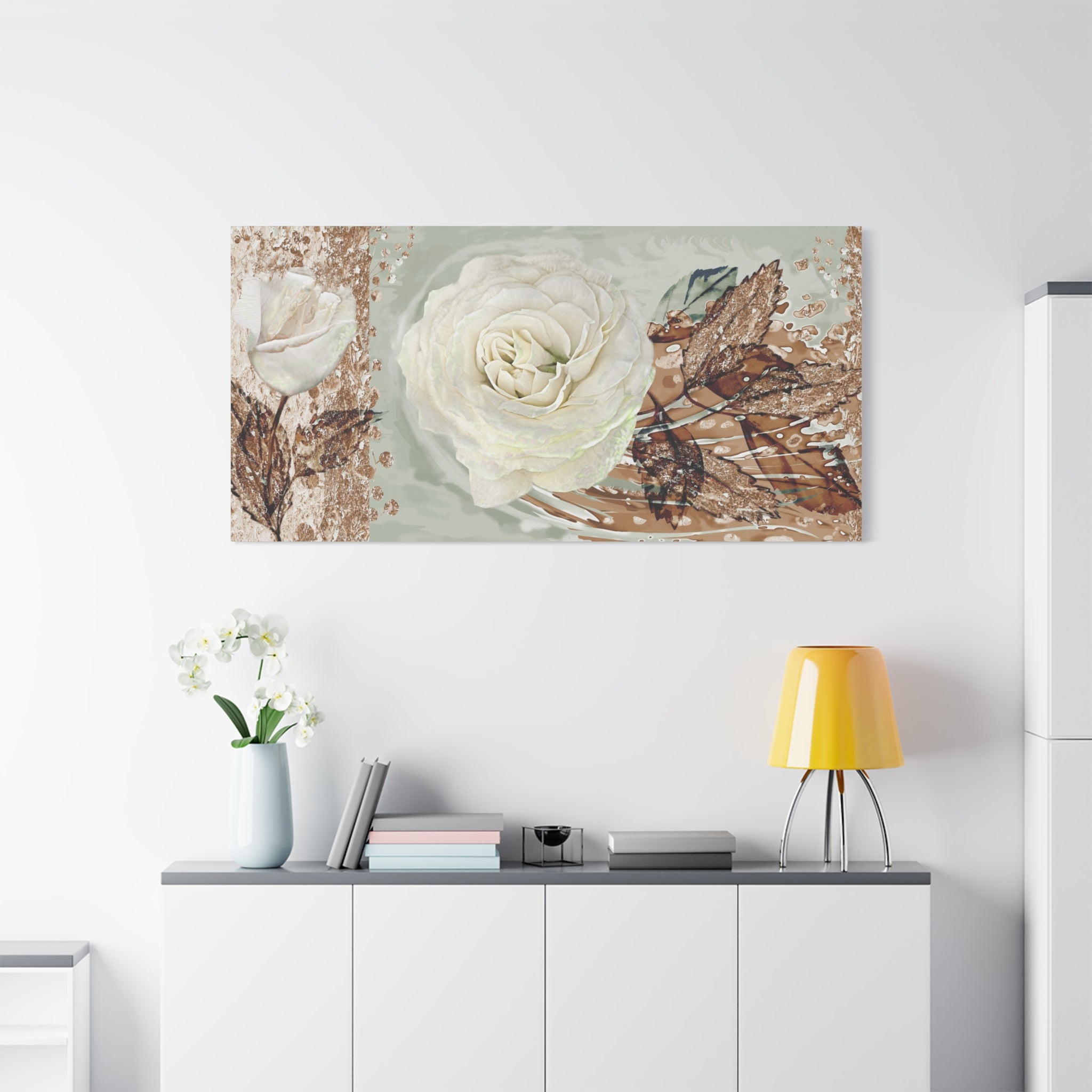 Floral Canvas Wall Art — White Rose Botanical Stretched Canvas