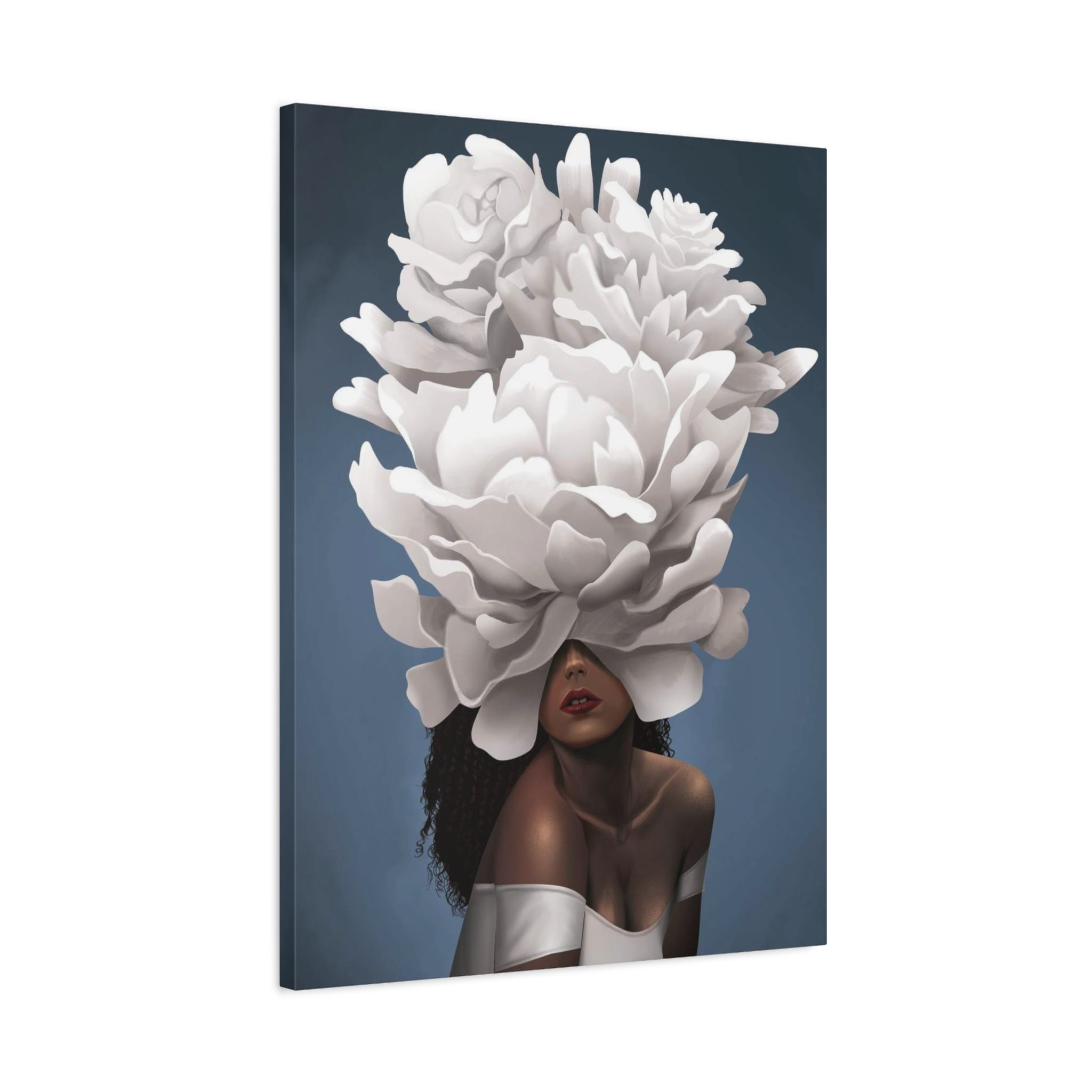Floral Veil Canvas Wall Art — Elegant Woman with Oversized White Peony 
