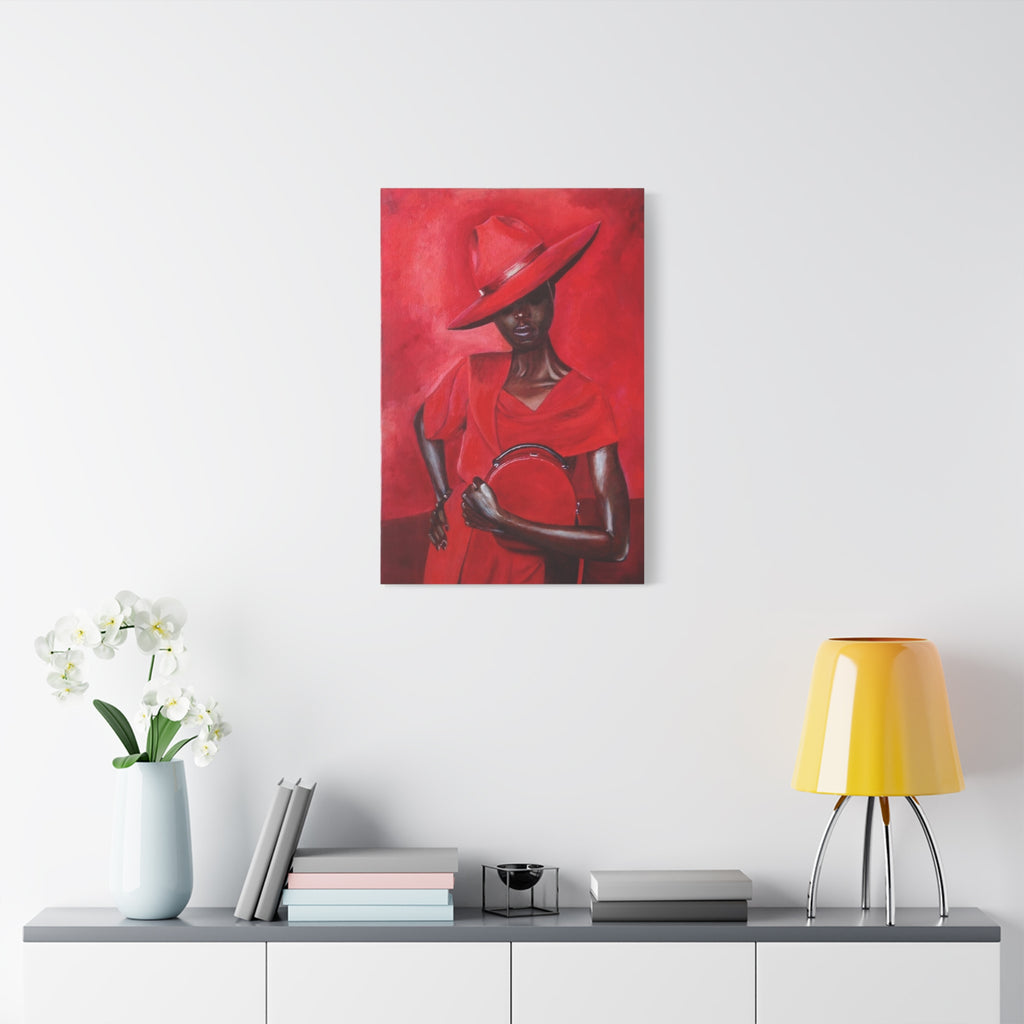 Elegant Red Hat Lady Canvas Print — Fashion Portrait Matte Stretched Wall Art 