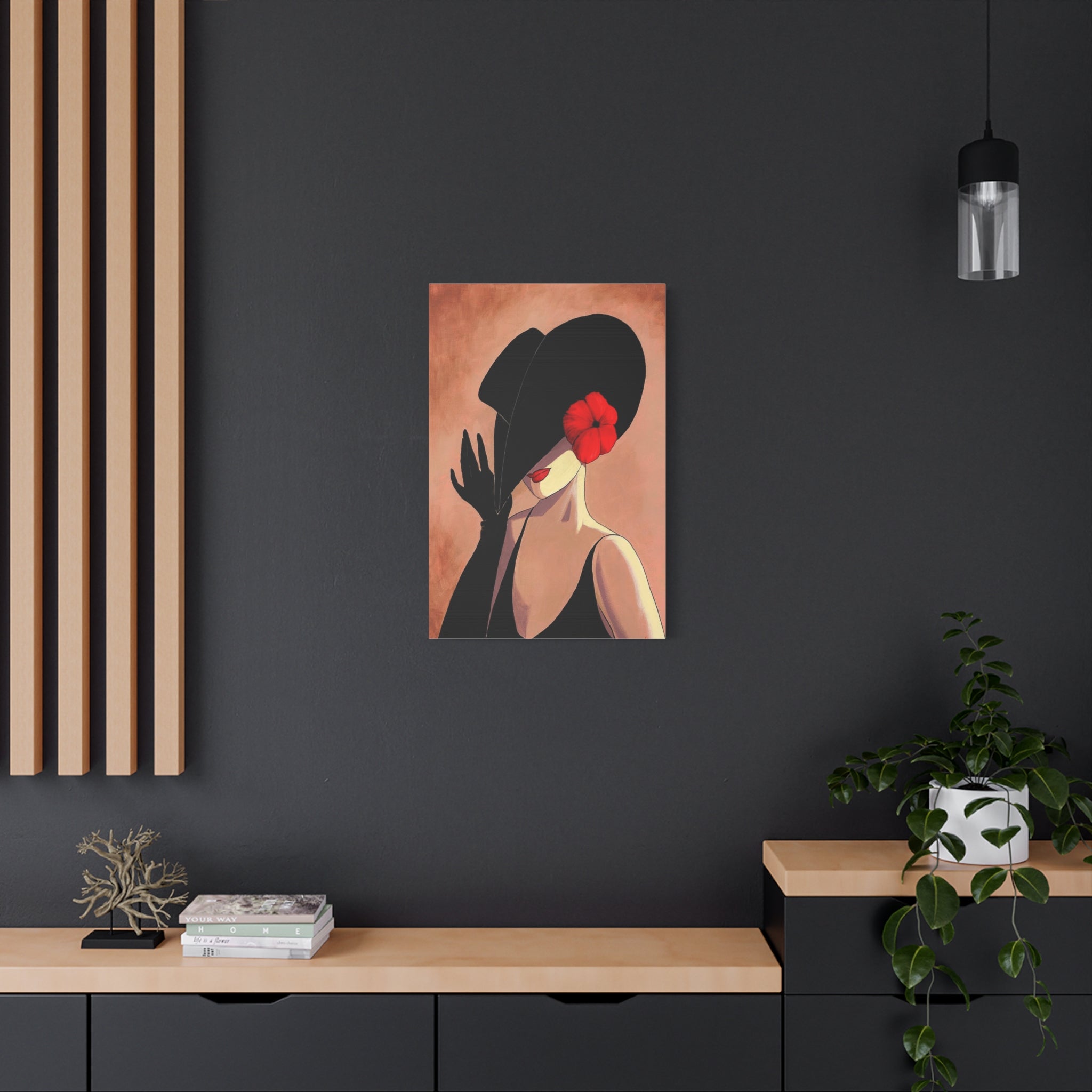 Elegant Lady with Black Hat Canvas Art — Red Flower Portrait 