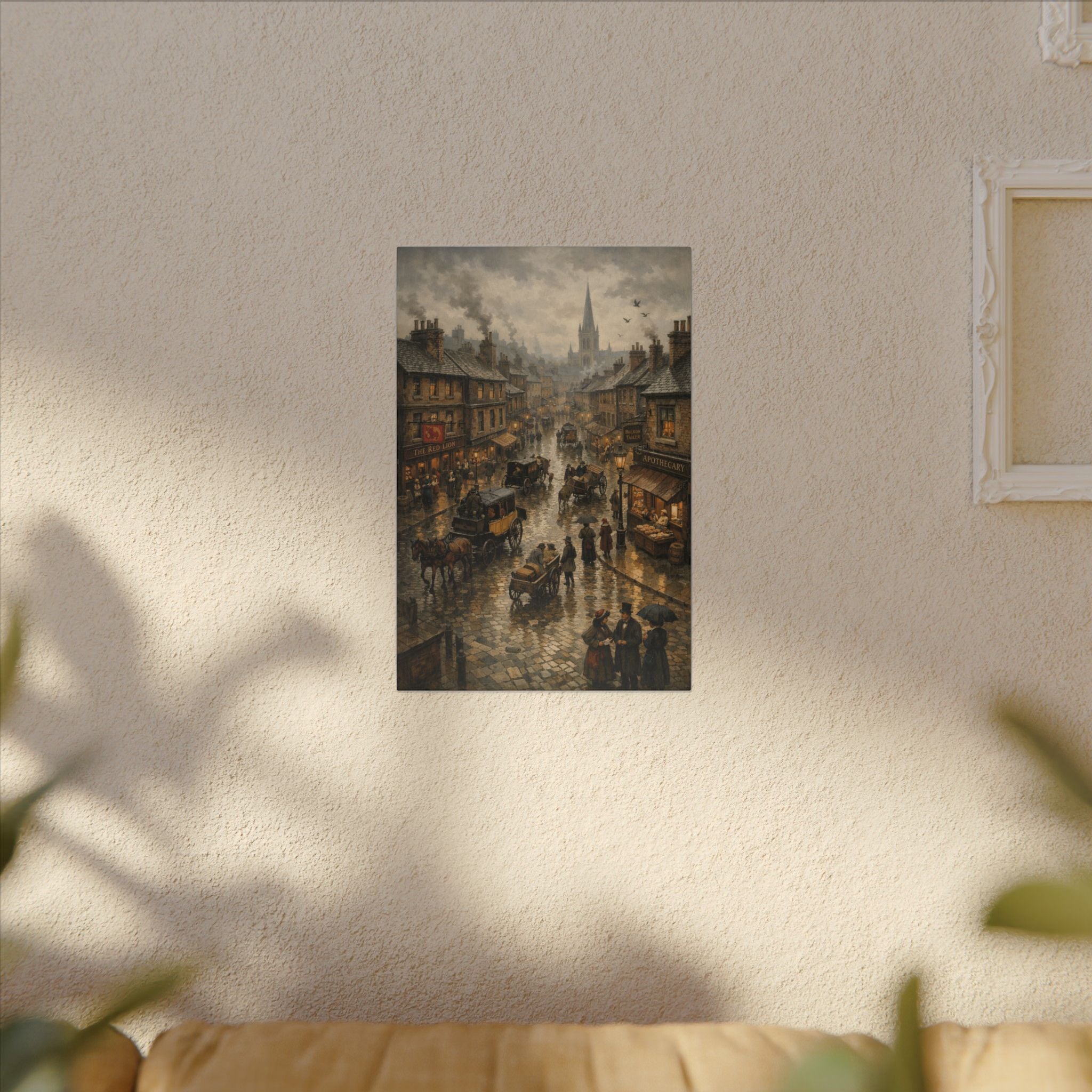 Victorian Street Scene Matte Canvas Wall Art — Vintage Rainy Cityscape 