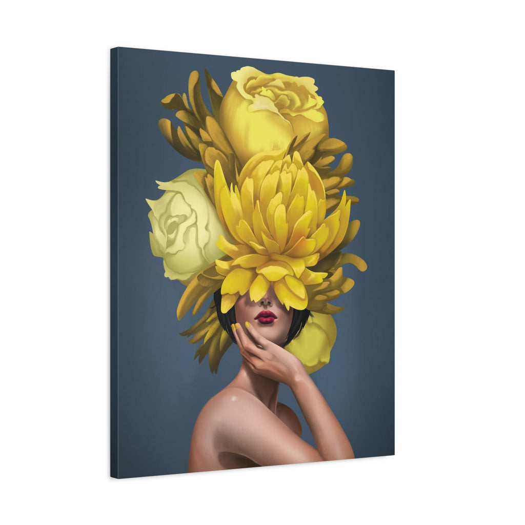 Yellow Floral Femme Canvas Wall Art — Modern Portrait with Giant Flowers 