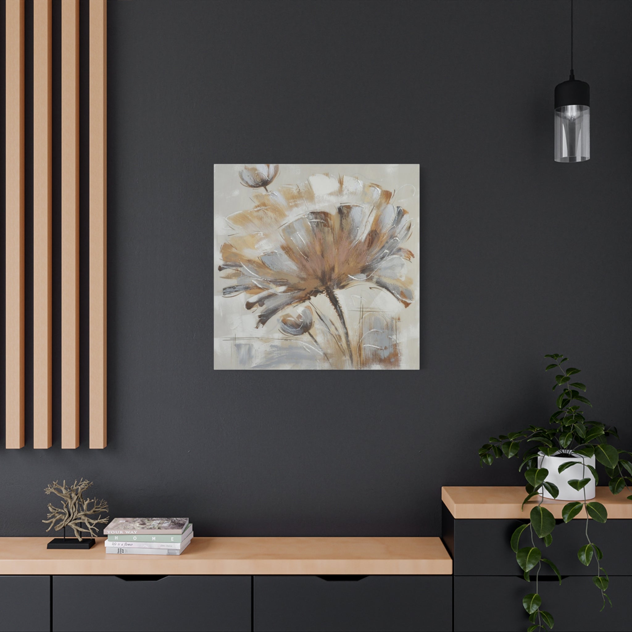 Neutral Floral Canvas Wall Art — Abstract Beige Flower Stretched Canvas 