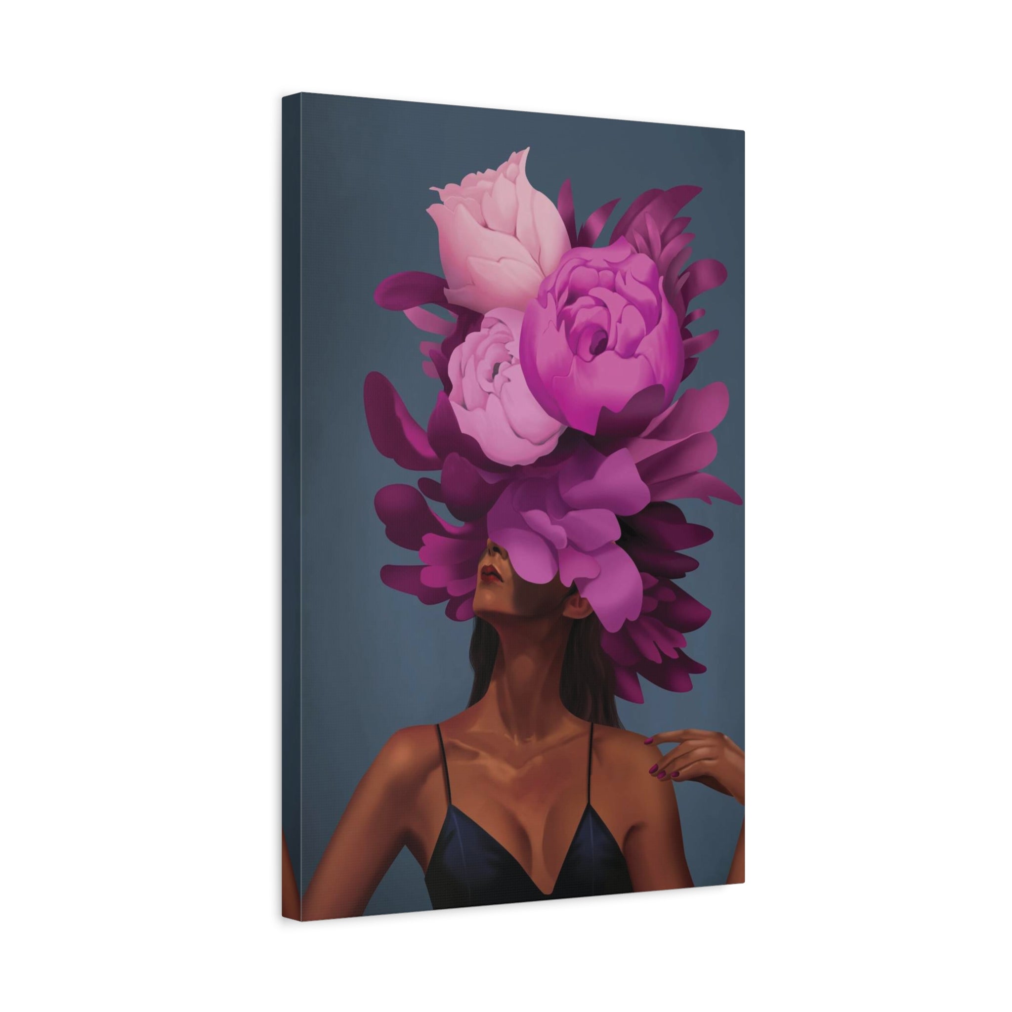 Floral Portrait Canvas Print — Woman with Oversized Pink Peony Hat (Matte Stretched) 