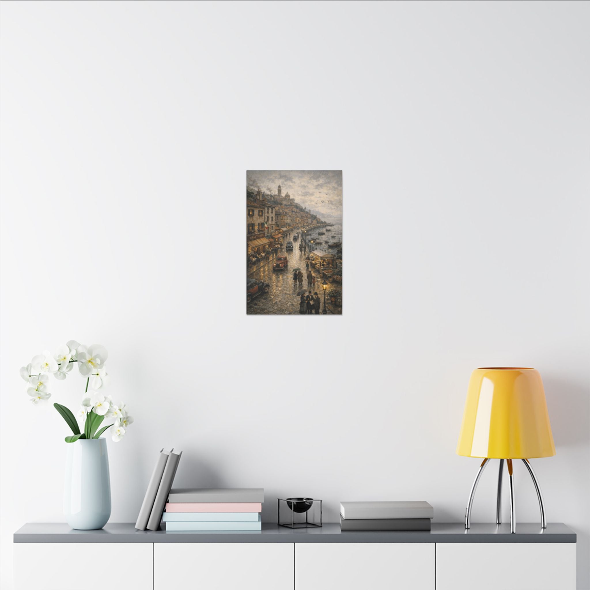 Vintage Coastal Street Matte Canvas Print — Rainy Harbor Evening Wall Art