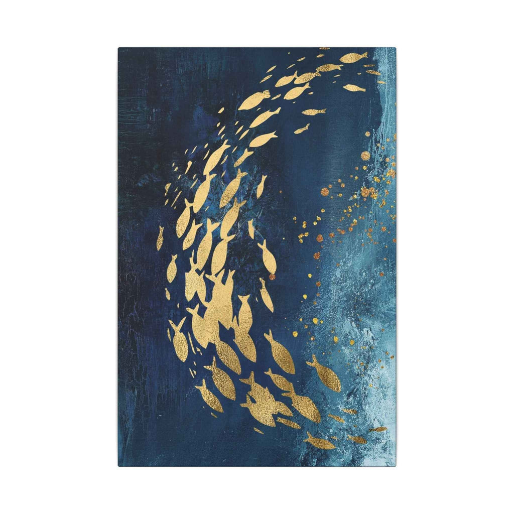 Abstract Gold Fish Wall Art - Navy Ocean Canvas Decor (Matte Stretched) - TheKaraHan