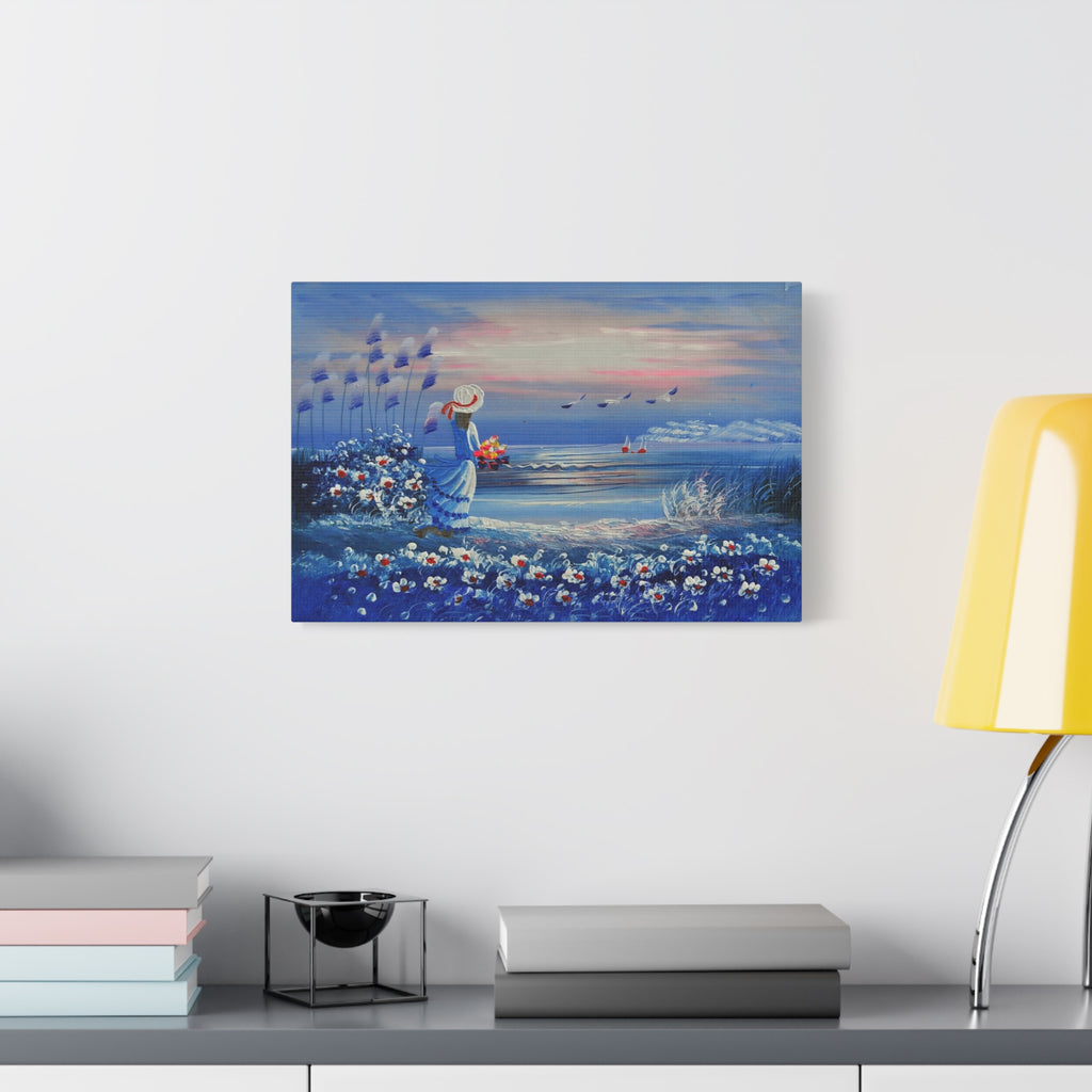 Seaside Evening Canvas Art – Woman with Flowers Coastal Wall Decor 
