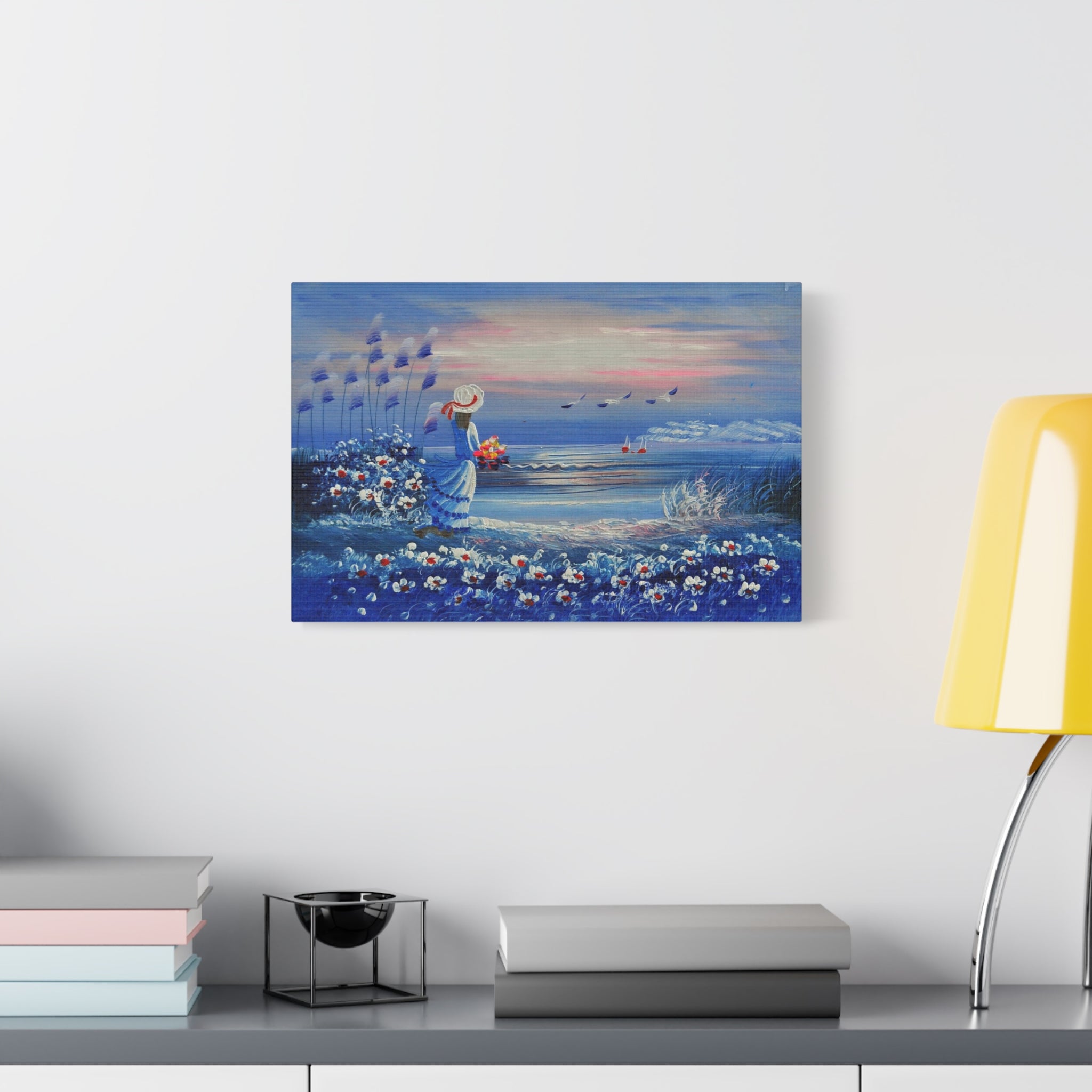 Seaside Evening Canvas Art – Woman with Flowers Coastal Wall Decor 