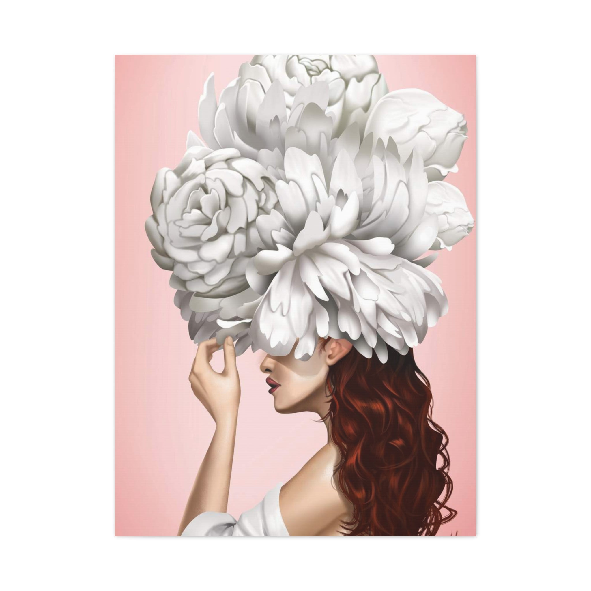 Floral Headdress Art Canvas — Pink Portrait Matte Stretched Wall Art 