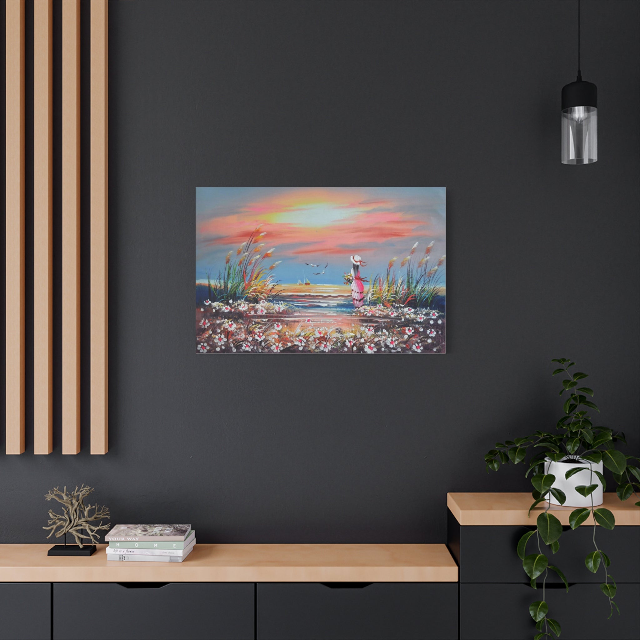 Sunset Beach Canvas Wall Art — Woman with Flowers Seaside Painting 