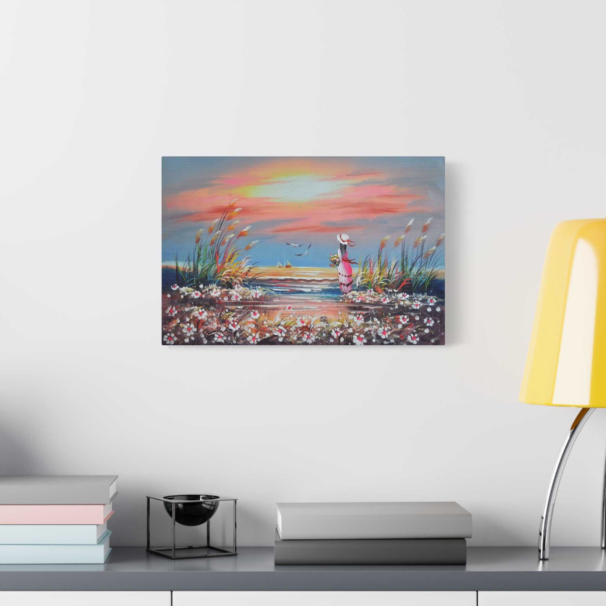 Sunset Beach Canvas Wall Art — Woman with Flowers Seaside Painting 