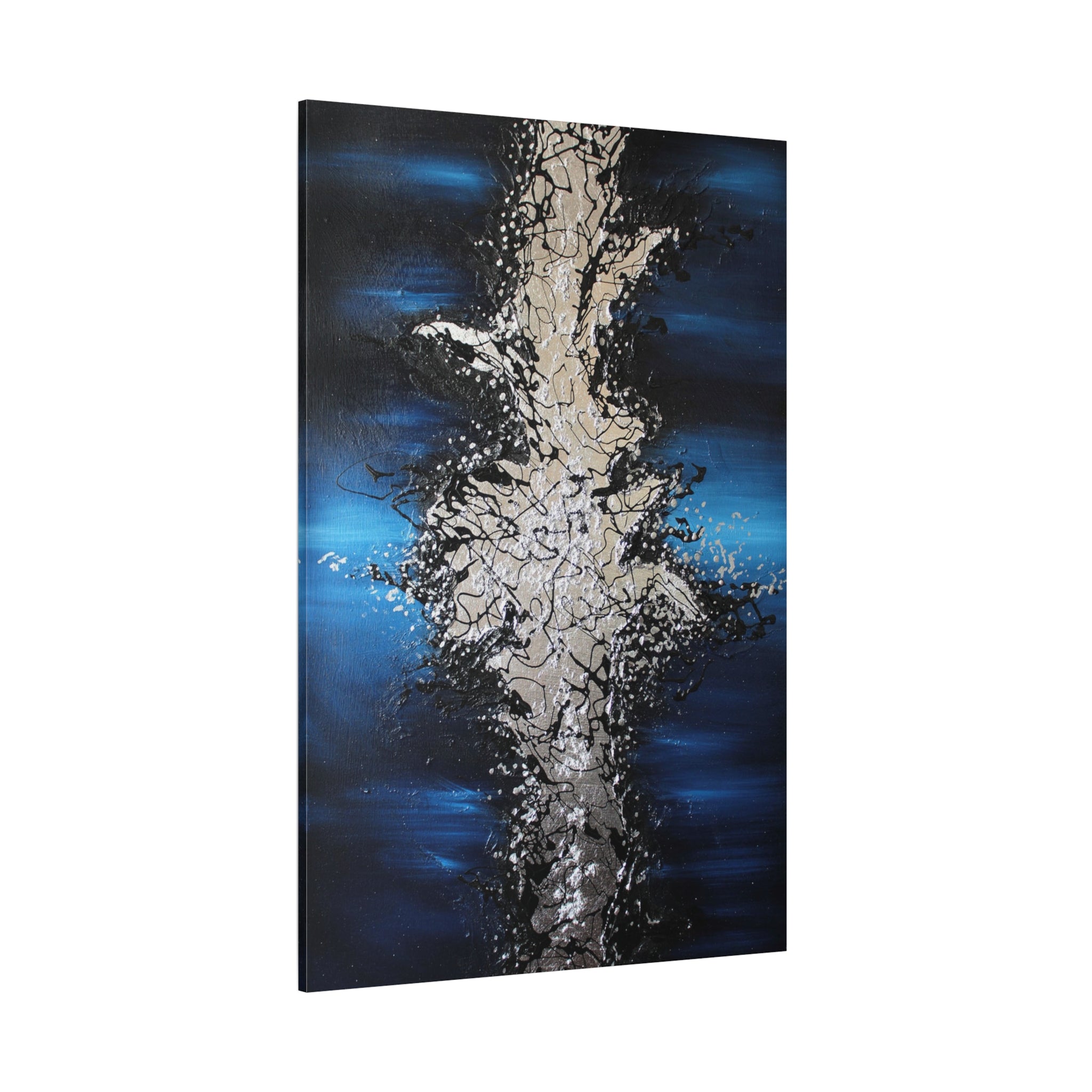 Abstract Oceanic Burst Canvas Print — Blue & Silver Matte Stretched Wall Art