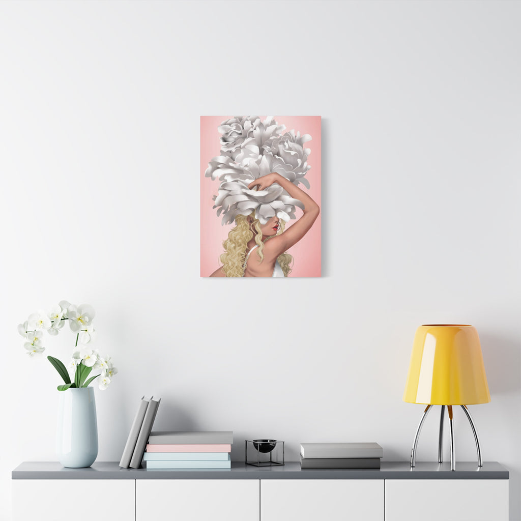 Blushing Muse Floral Canvas Print — Woman with Oversized White Peony Hat