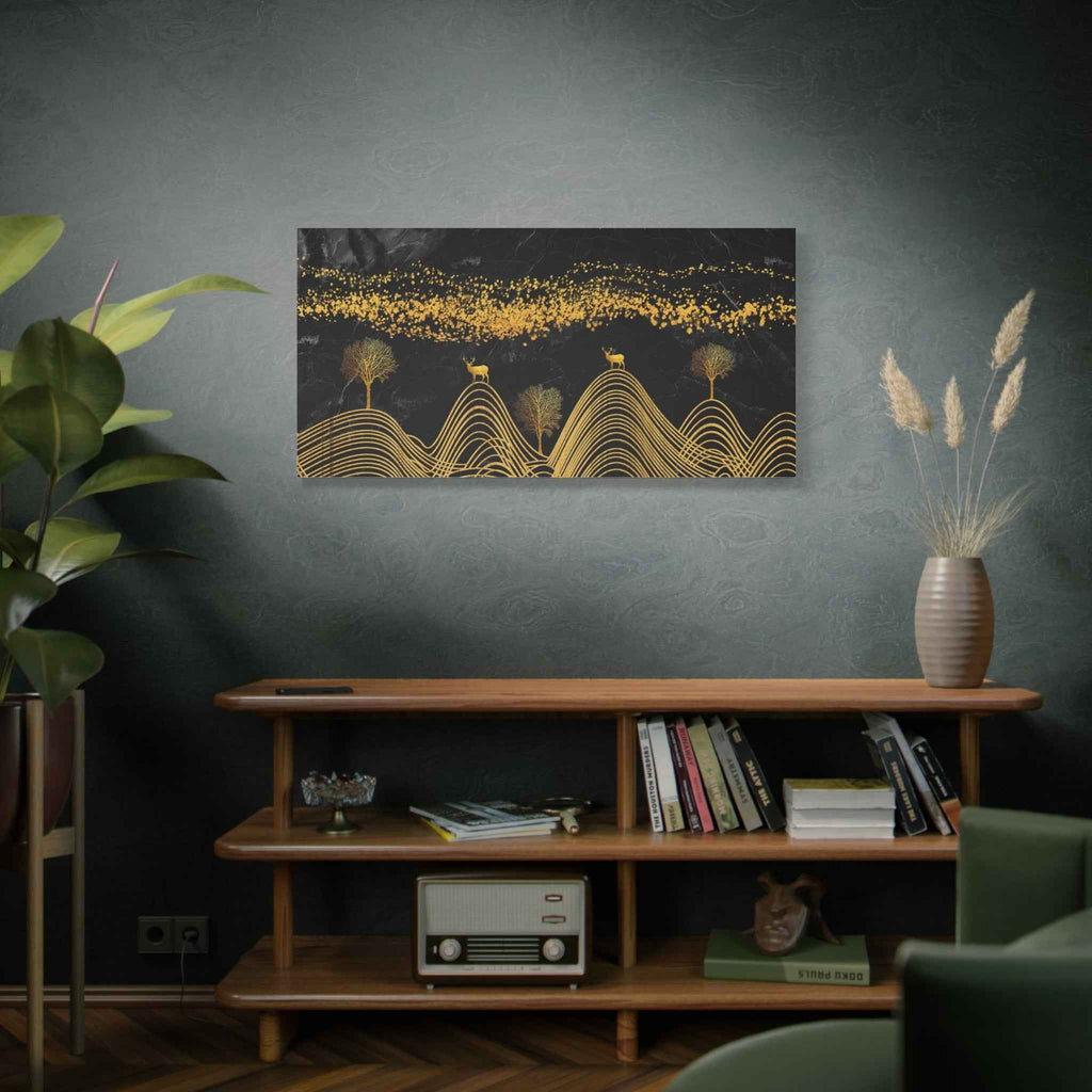 Black & Gold Abstract Canvas Wall Art – Luxury Modern Landscape Painting for Living Room Decor