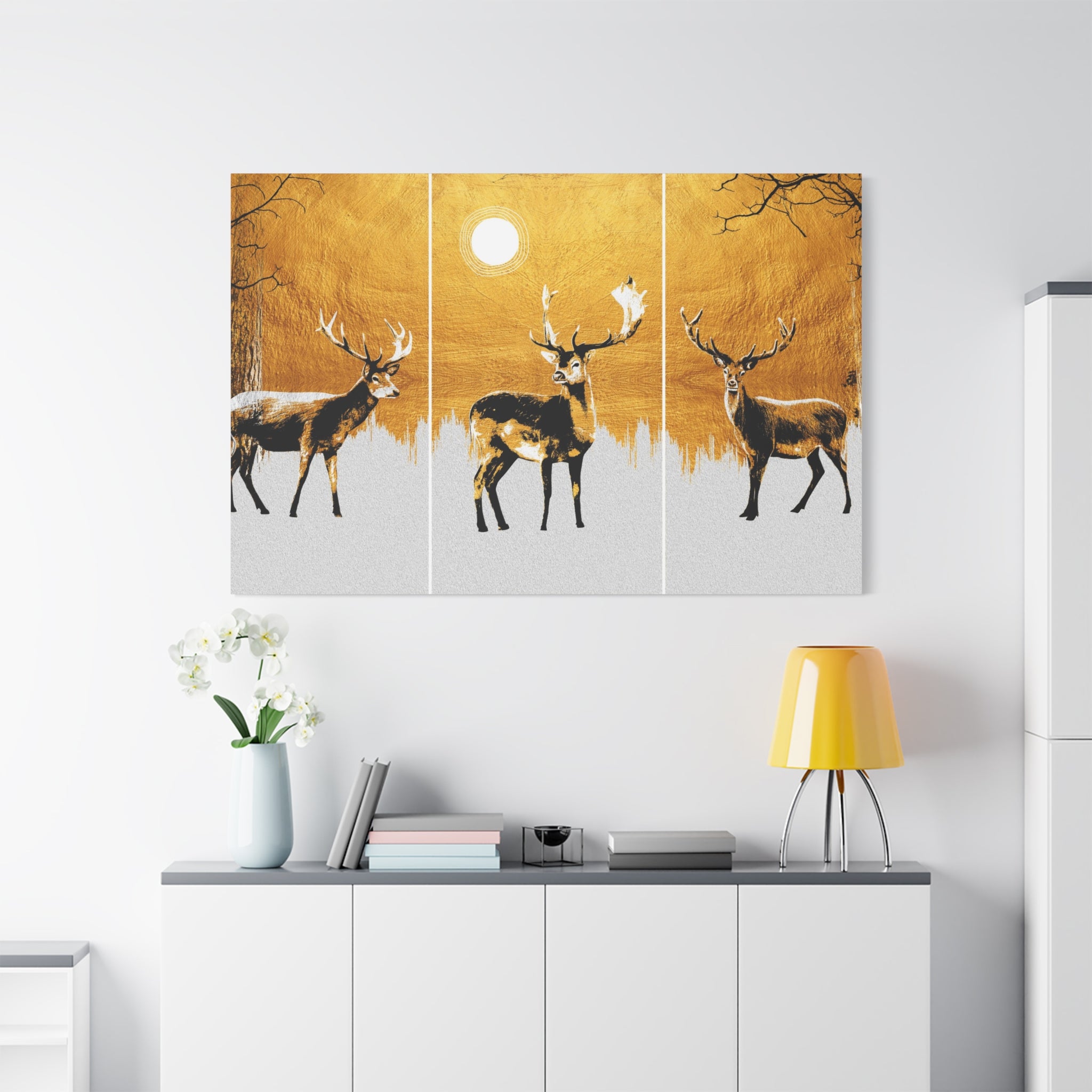 Golden Stag Triptych Canvas Wall Art — Matte Stretched Deer Print