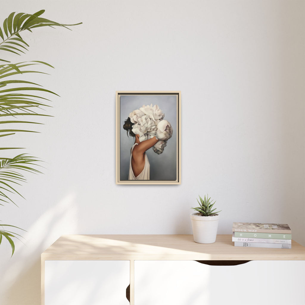 Framed Matte Canvas Art — Woman with Oversized White Peonies (Neutral Floral Wall Decor)