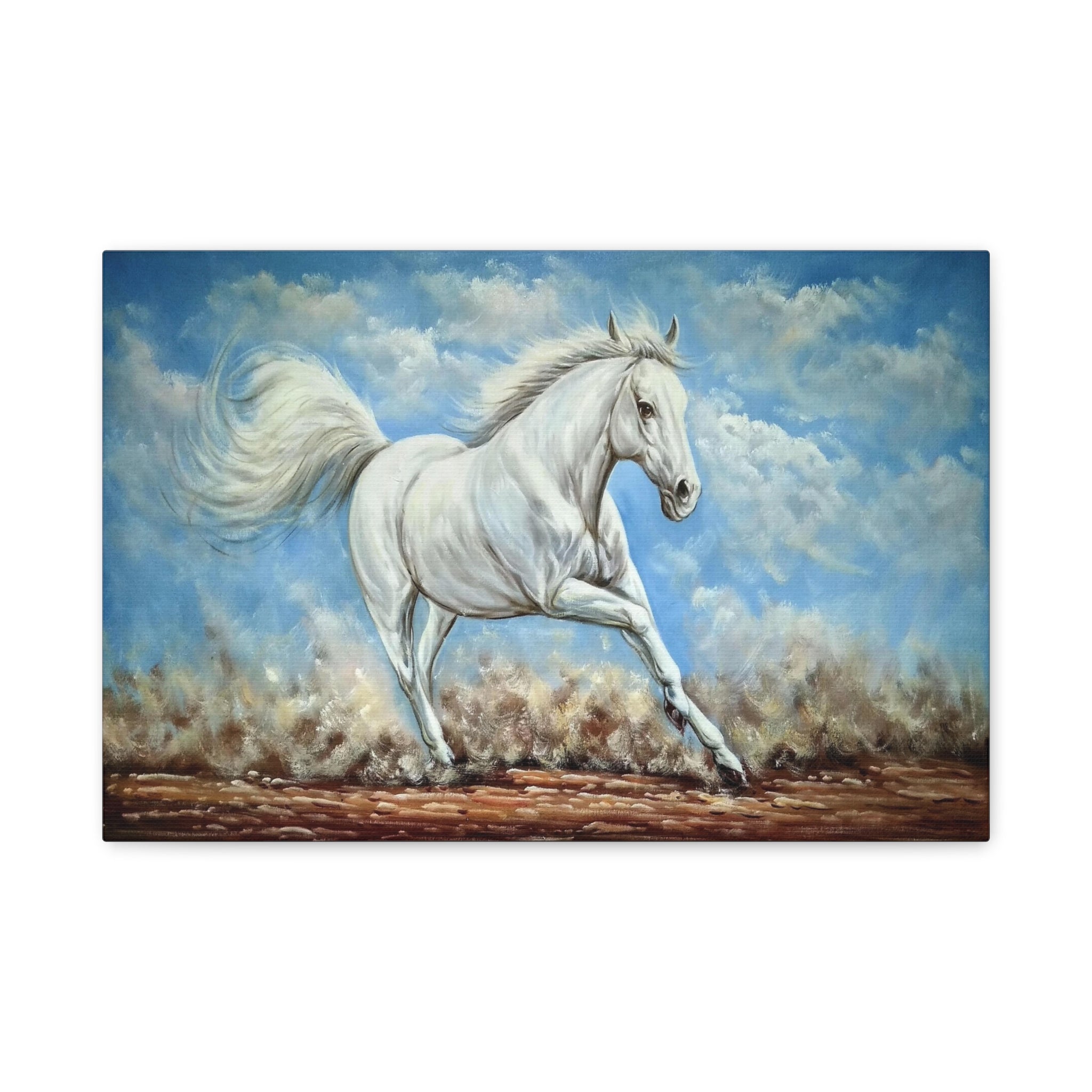 White Horse Running Canvas Wall Art — Stretched Matte Canvas 
