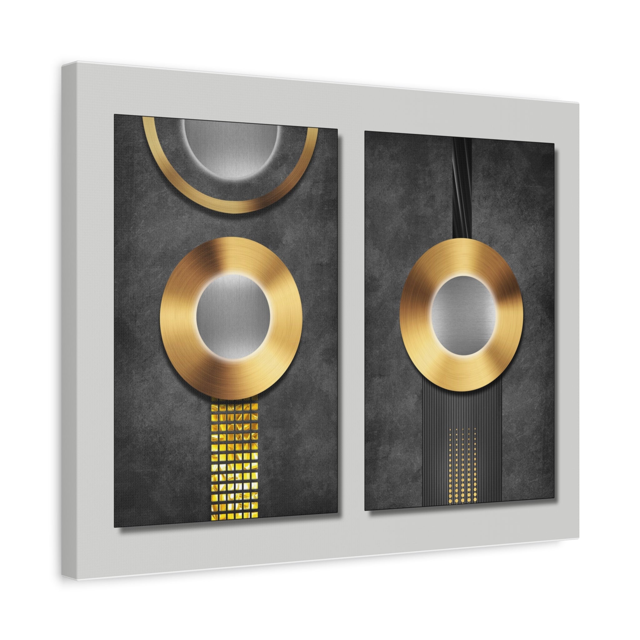 Modern Gold Circles Abstract Canvas Wall Art — Matte Stretched Diptych
