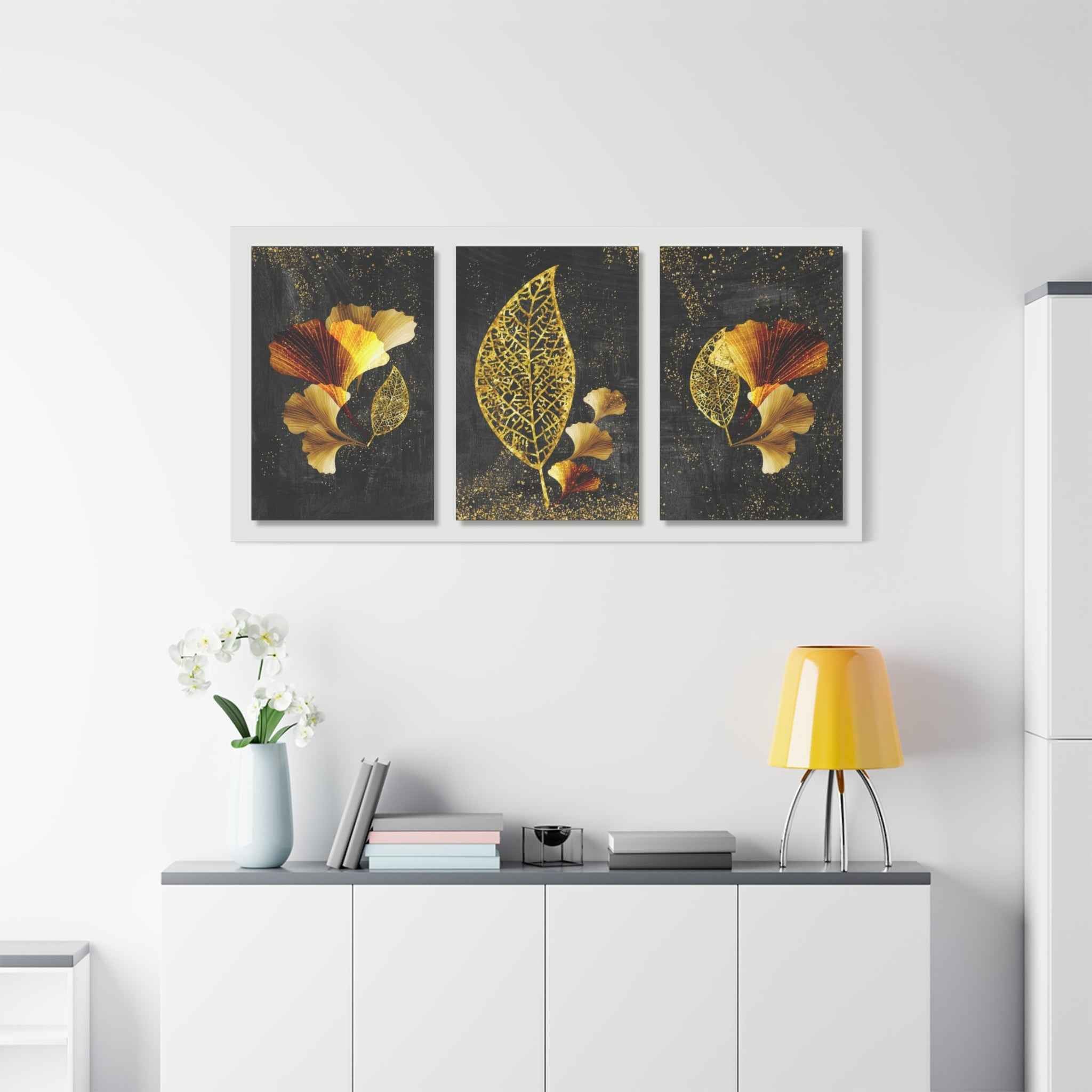 Gold Botanical Leaf Triptych Canvas Wall Art – Luxury Botanical Decor
