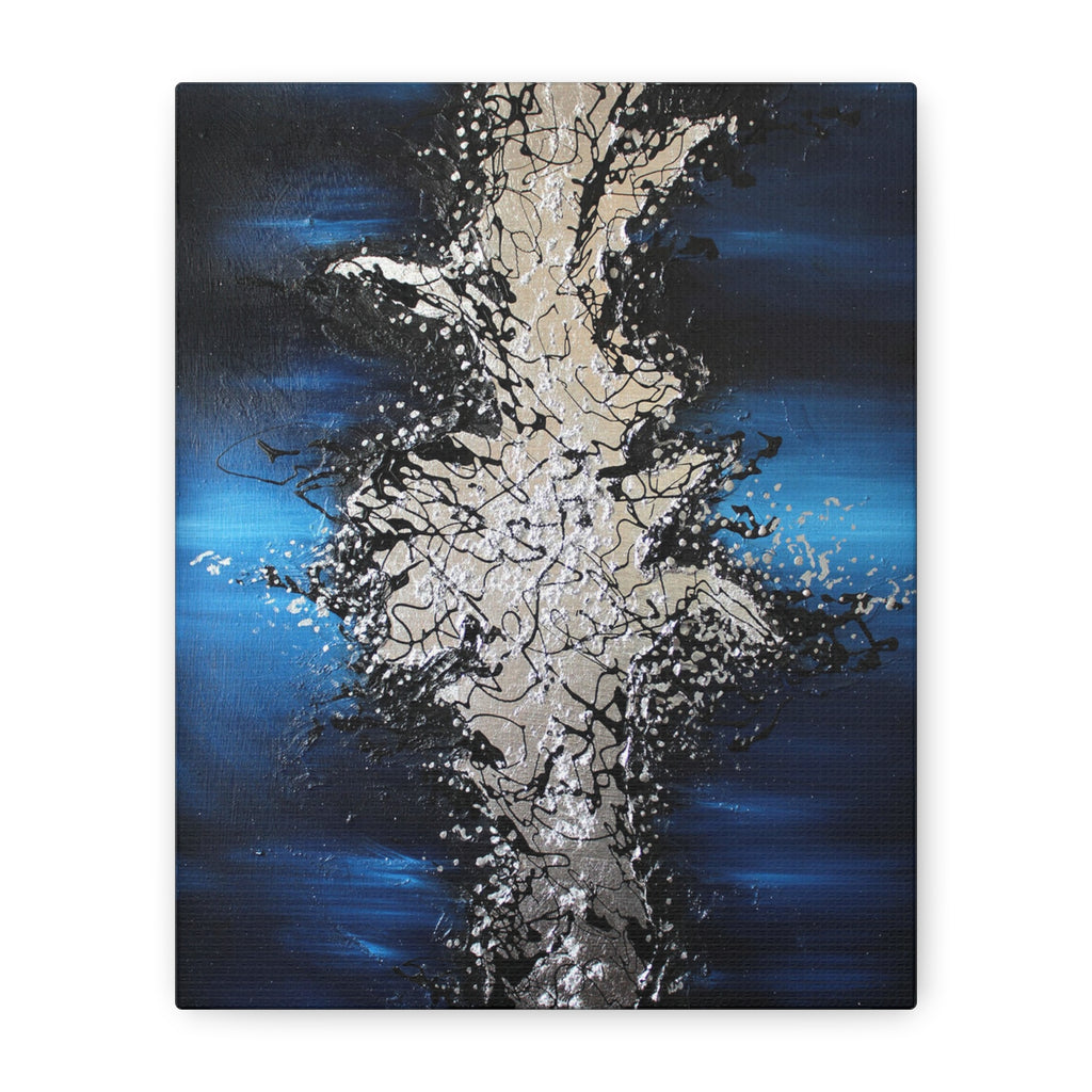 Abstract Oceanic Burst Canvas Print — Blue & Silver Matte Stretched Wall Art