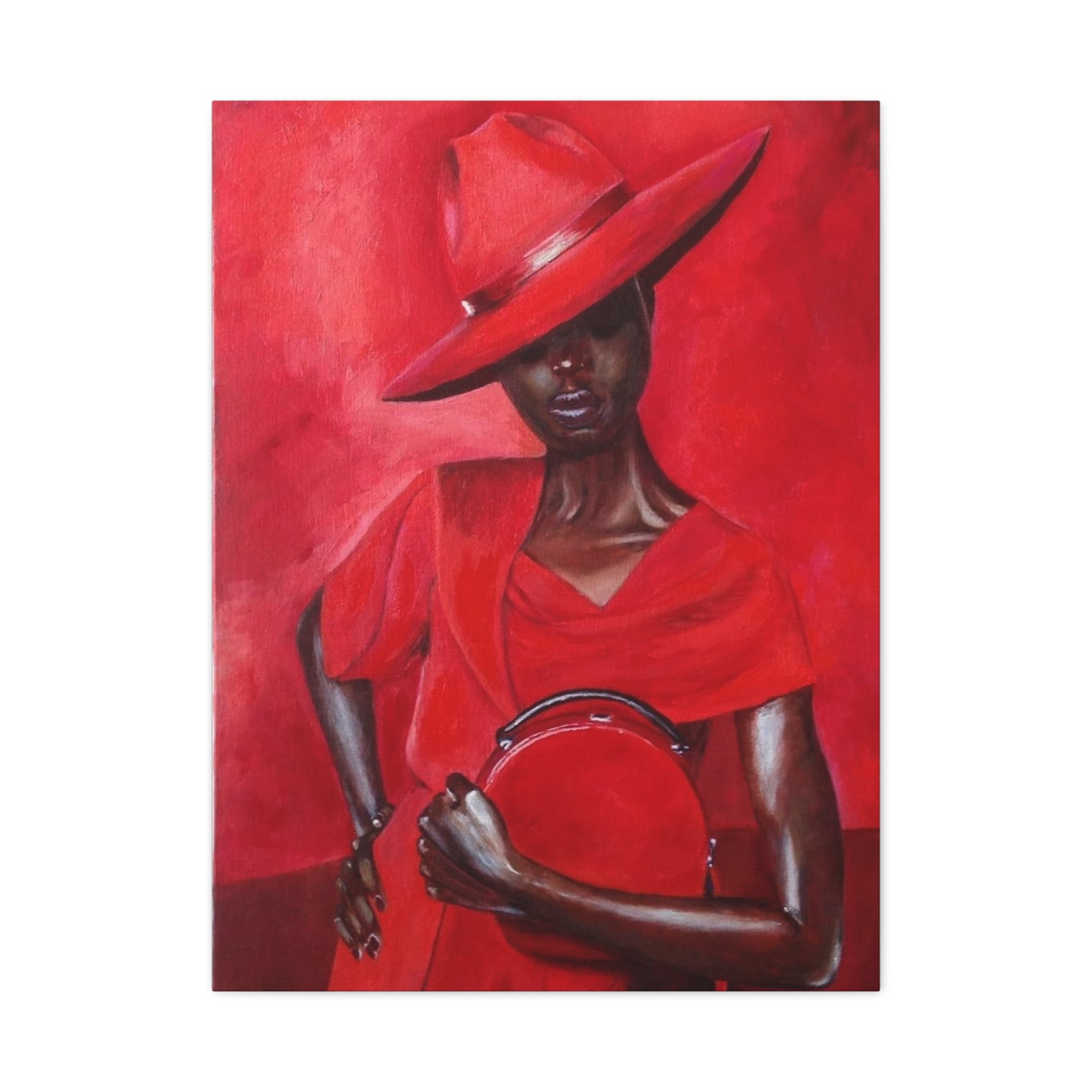 Elegant Red Hat Lady Canvas Print — Fashion Portrait Matte Stretched Wall Art 