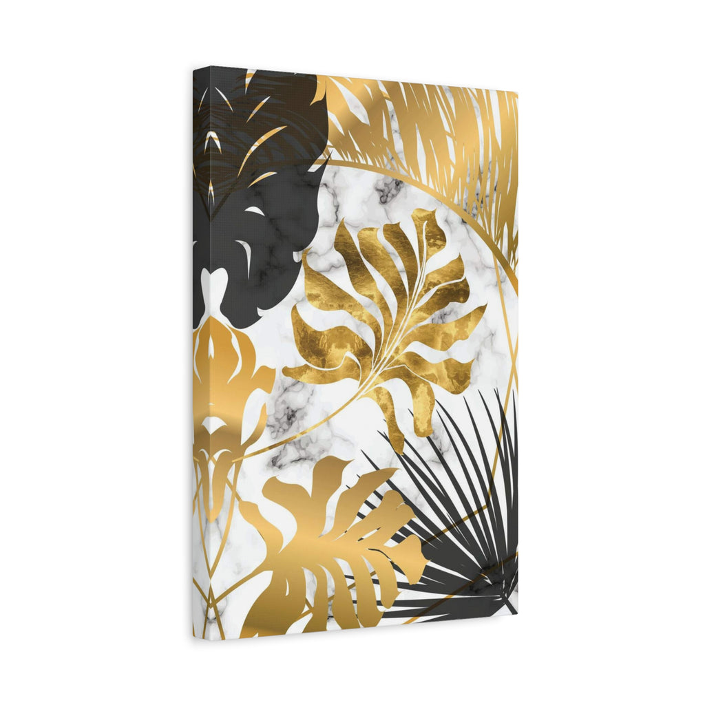 Gold & Black Tropical Leaves Canvas Wall Art — Modern Marble Botanical Print 