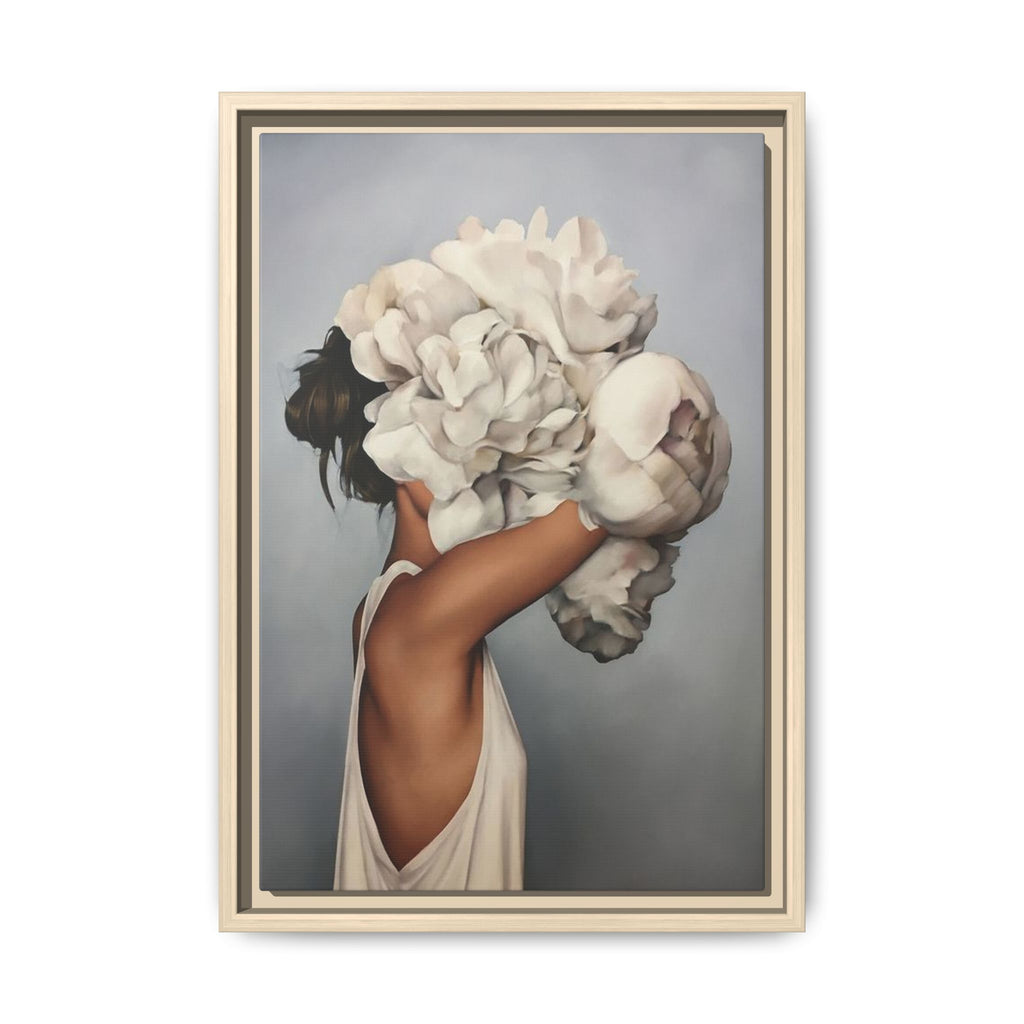 Framed Matte Canvas Art — Woman with Oversized White Peonies (Neutral Floral Wall Decor)