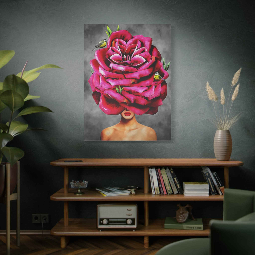 Surreal Rose Woman Canvas Wall Art – Floral Portrait Modern Abstract Wall Decor