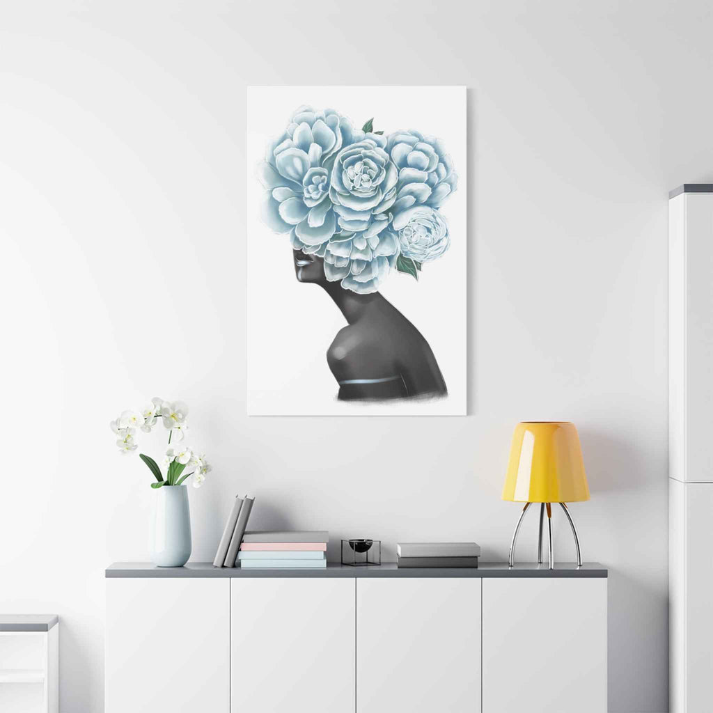 Blue Floral Woman Canvas Wall Art – Abstract Female Portrait
