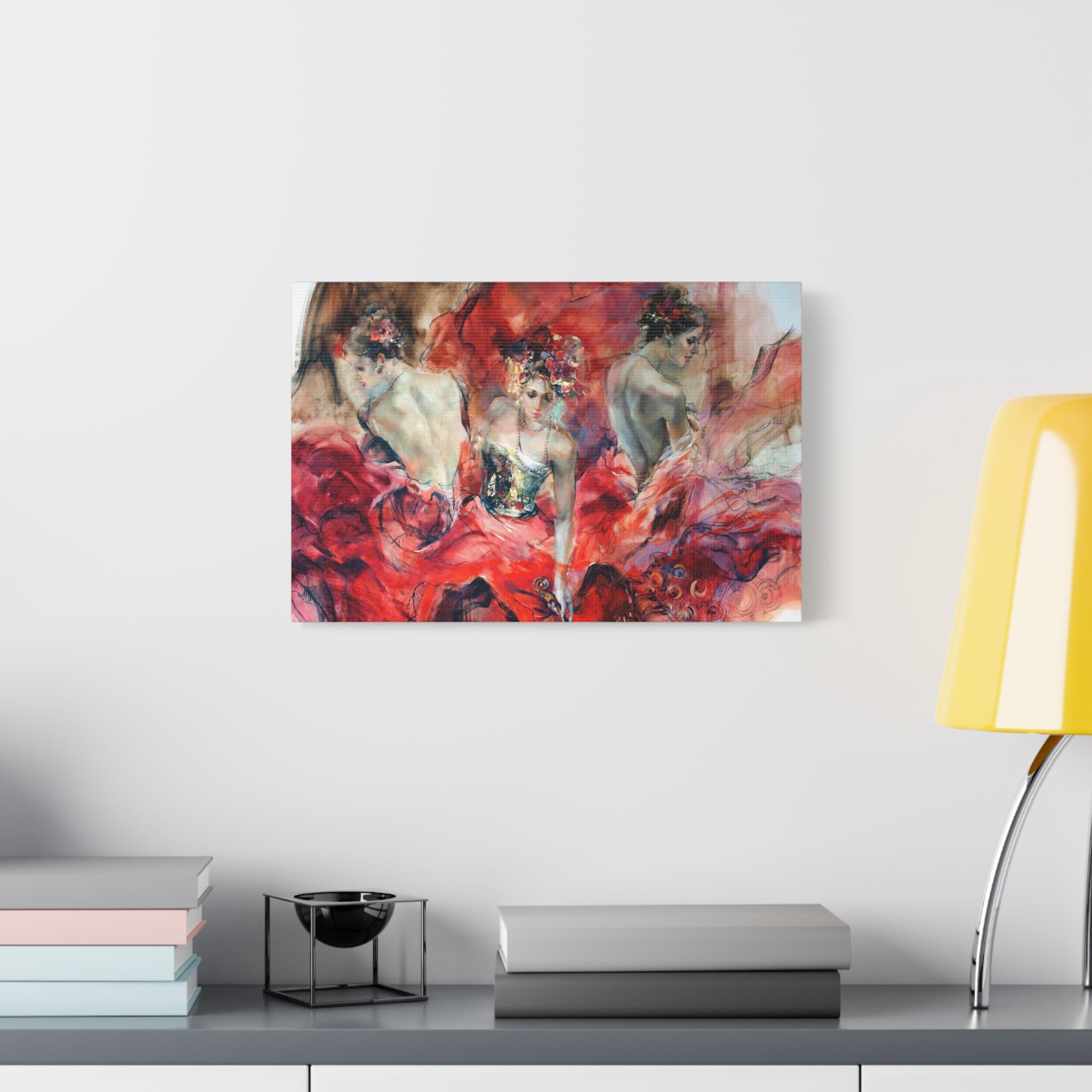 Flamenco Dancers Matte Stretched Canvas Print — Vibrant Red Ballet Wall Art 