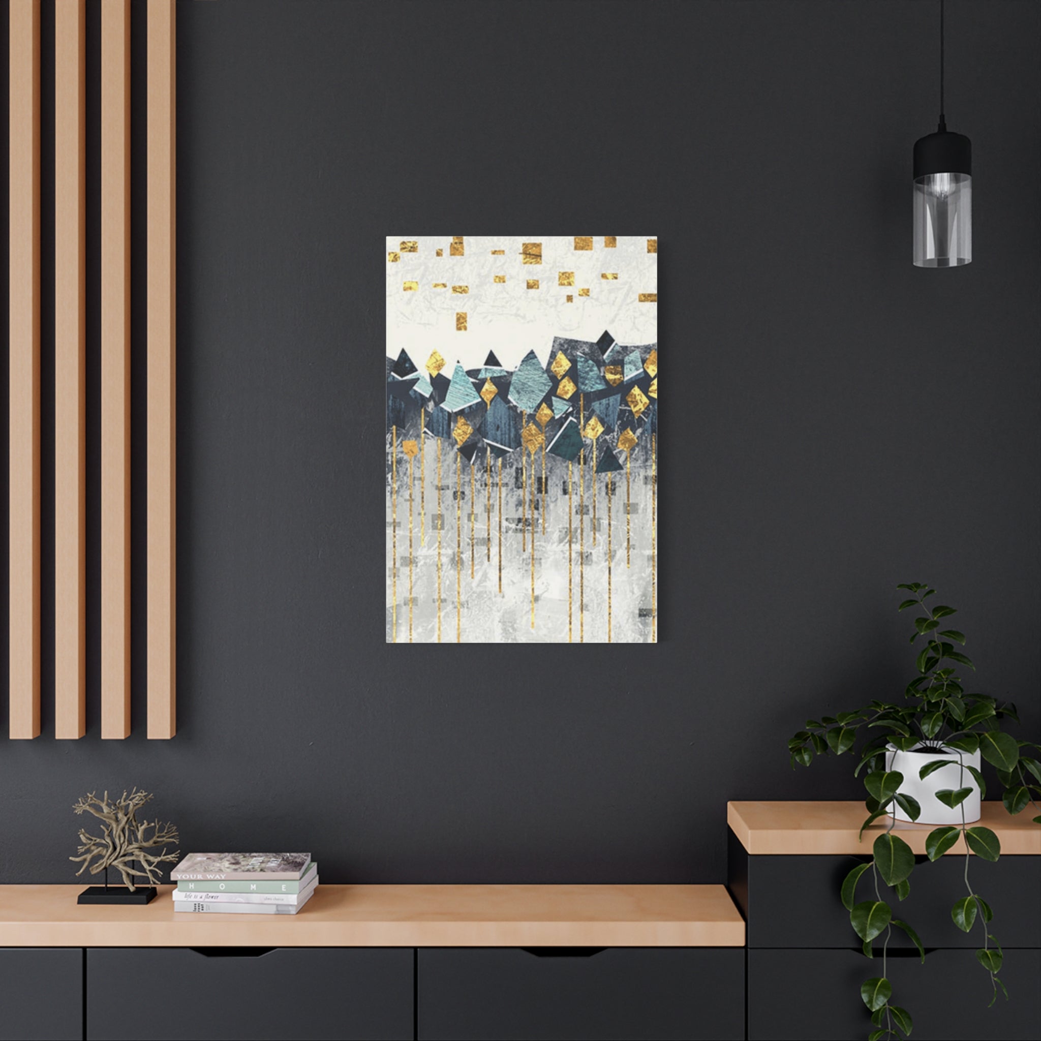 Abstract Geometric Gold & Teal Canvas Wall Art — Stretched Matte Print 