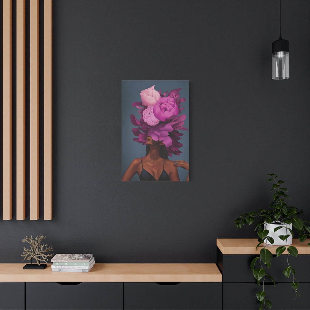 Floral Portrait Canvas Print — Woman with Oversized Pink Peony Hat (Matte Stretched) 