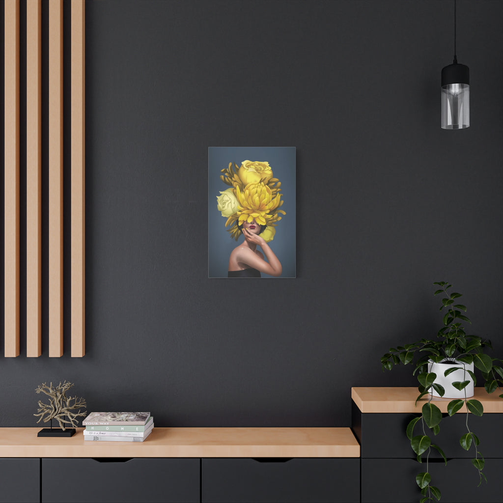 Yellow Floral Femme Canvas Wall Art — Modern Portrait with Giant Flowers 