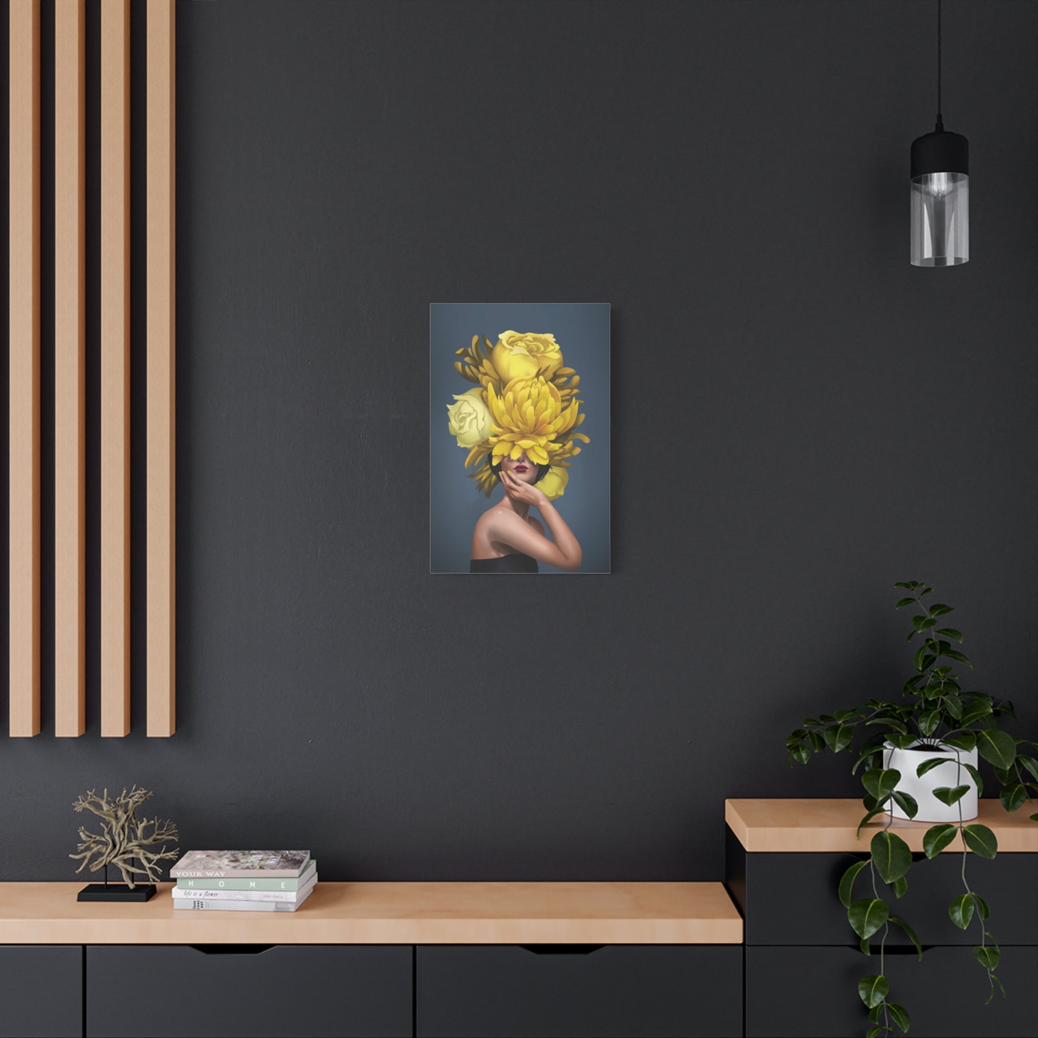 Yellow Floral Femme Canvas Wall Art — Modern Portrait with Giant Flowers 