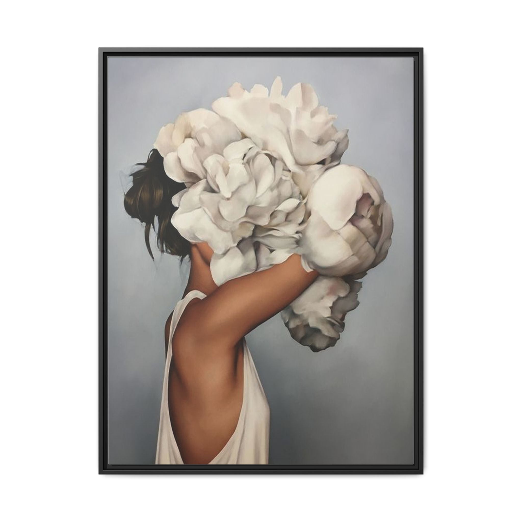Framed Matte Canvas Art — Woman with Oversized White Peonies (Neutral Floral Wall Decor) 
