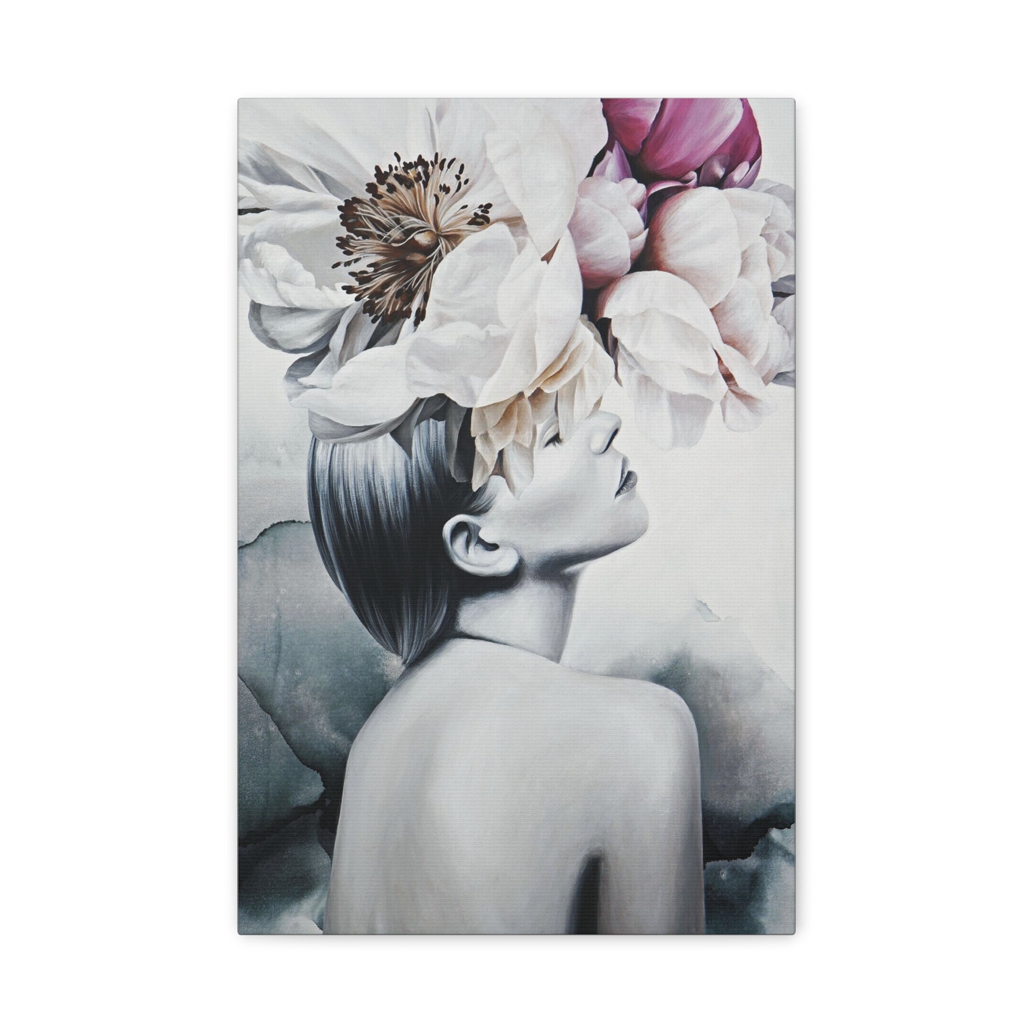 Floral Dreamscape Matte Canvas Print — Elegant Woman with Peonies Wall Art