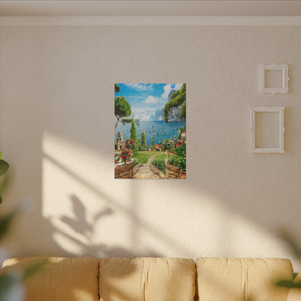 Canvas Wall Art - Mediterranean Seaside Pathway Painting (Matte Stretched Canvas)