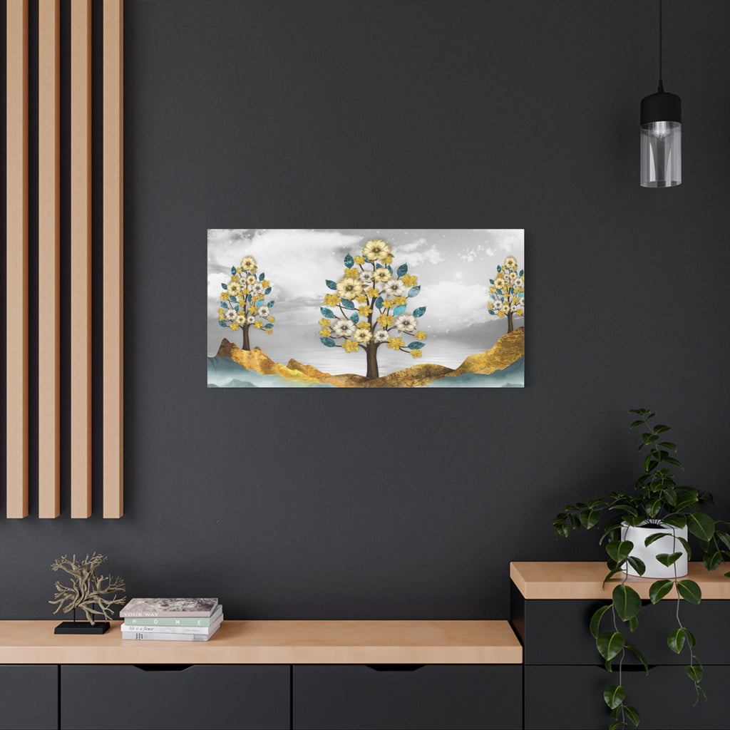 Floral Gold Tree Canvas Wall Art — Teal & Grey Stretched Matte Canvas