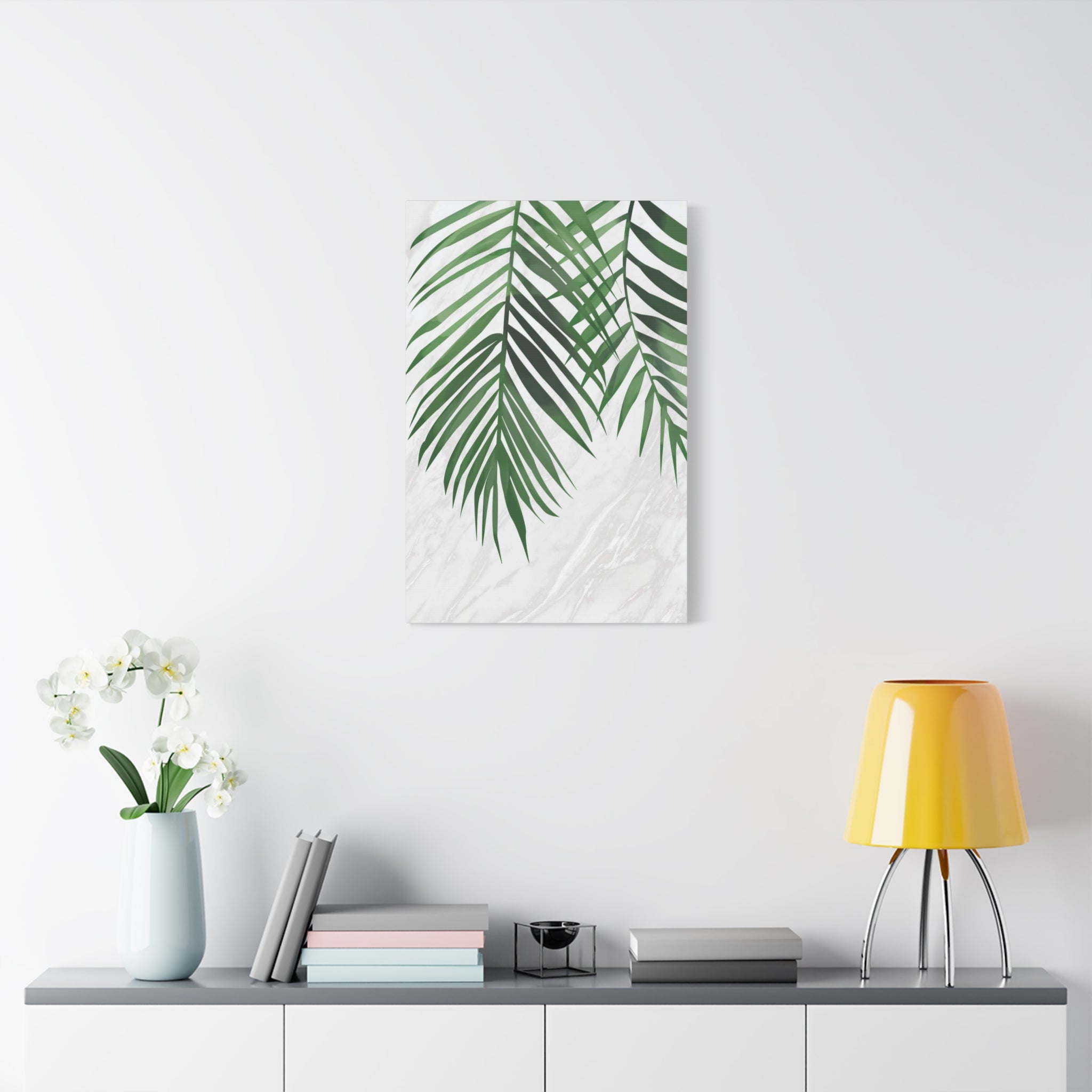 Tropical Palm Leaf Canvas Wall Art — Green Palm Fronds on Marble Matte Canvas 