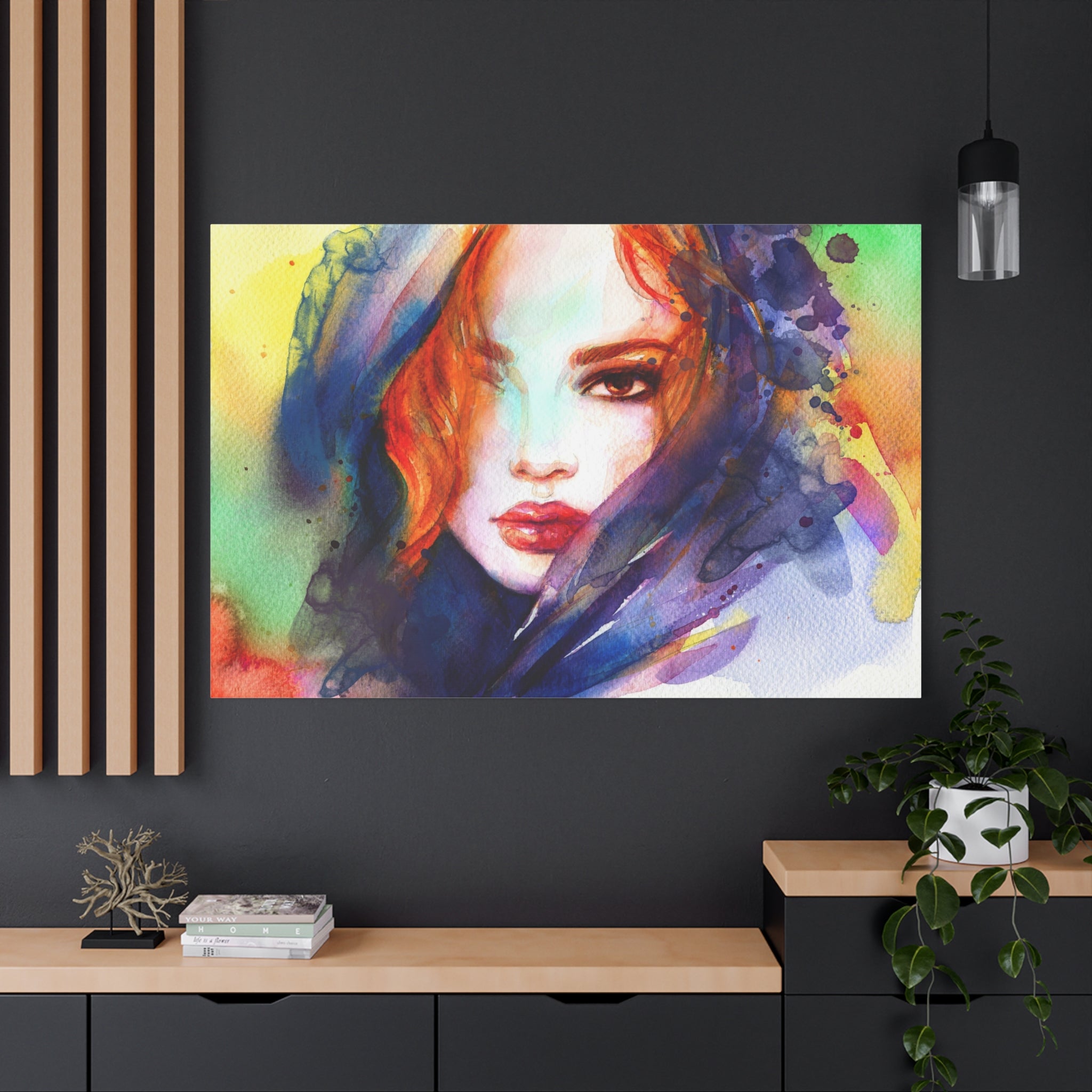 Watercolor Portrait Canvas Print — Vibrant Woman Face Matte Stretched Wall Art
