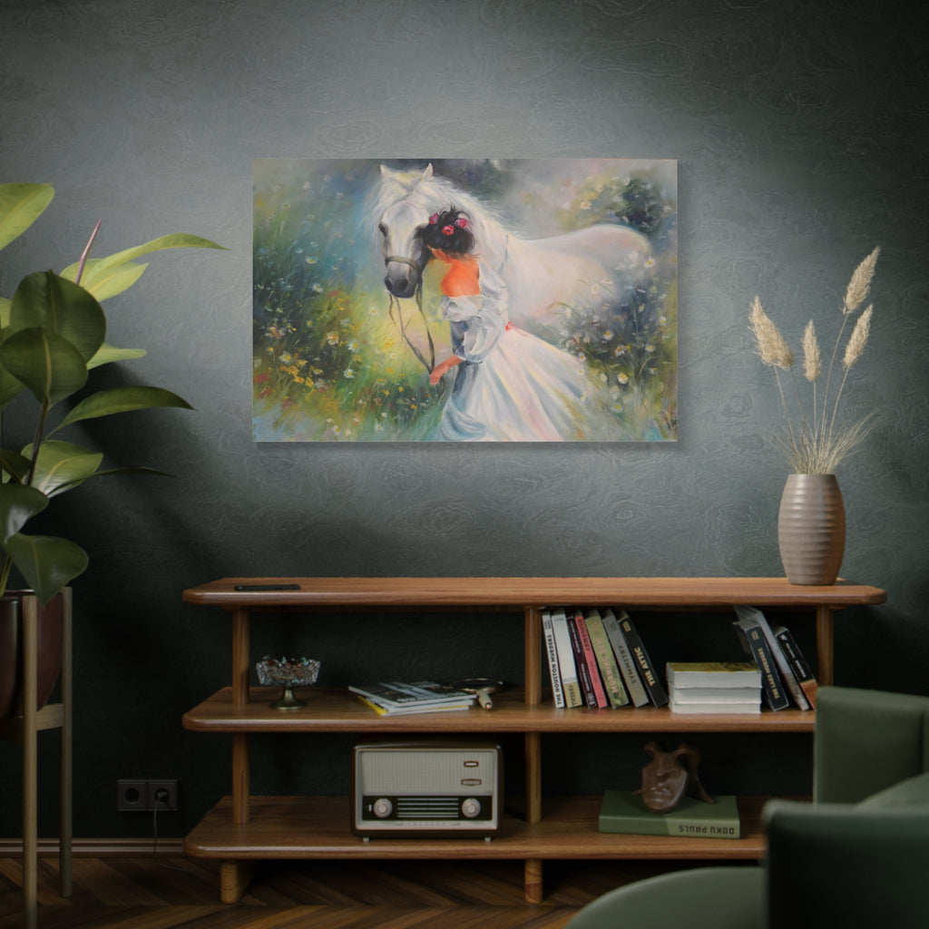 Romantic Girl with White Horse Matte Canvas Wall Art