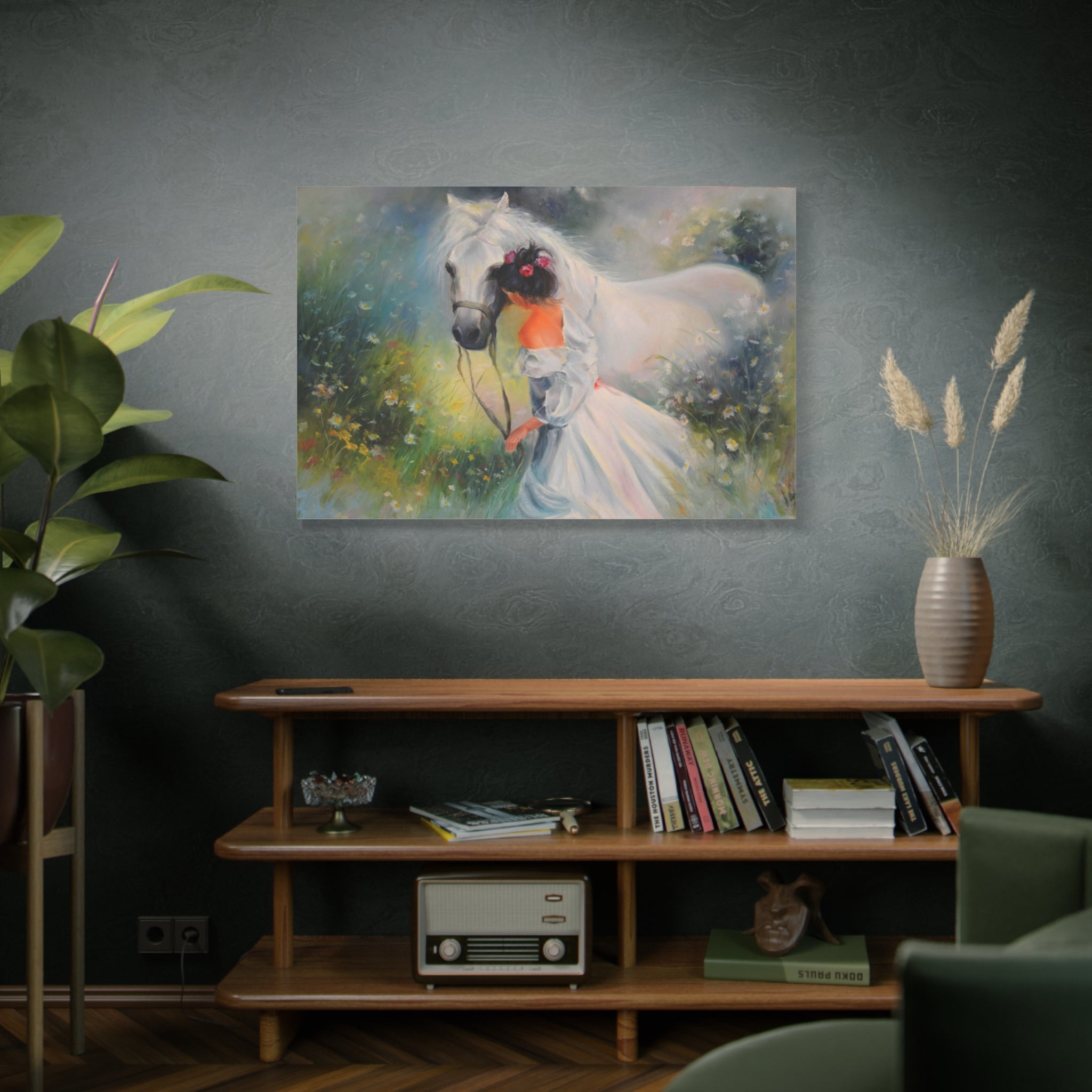 Romantic Girl with White Horse Matte Canvas Wall Art