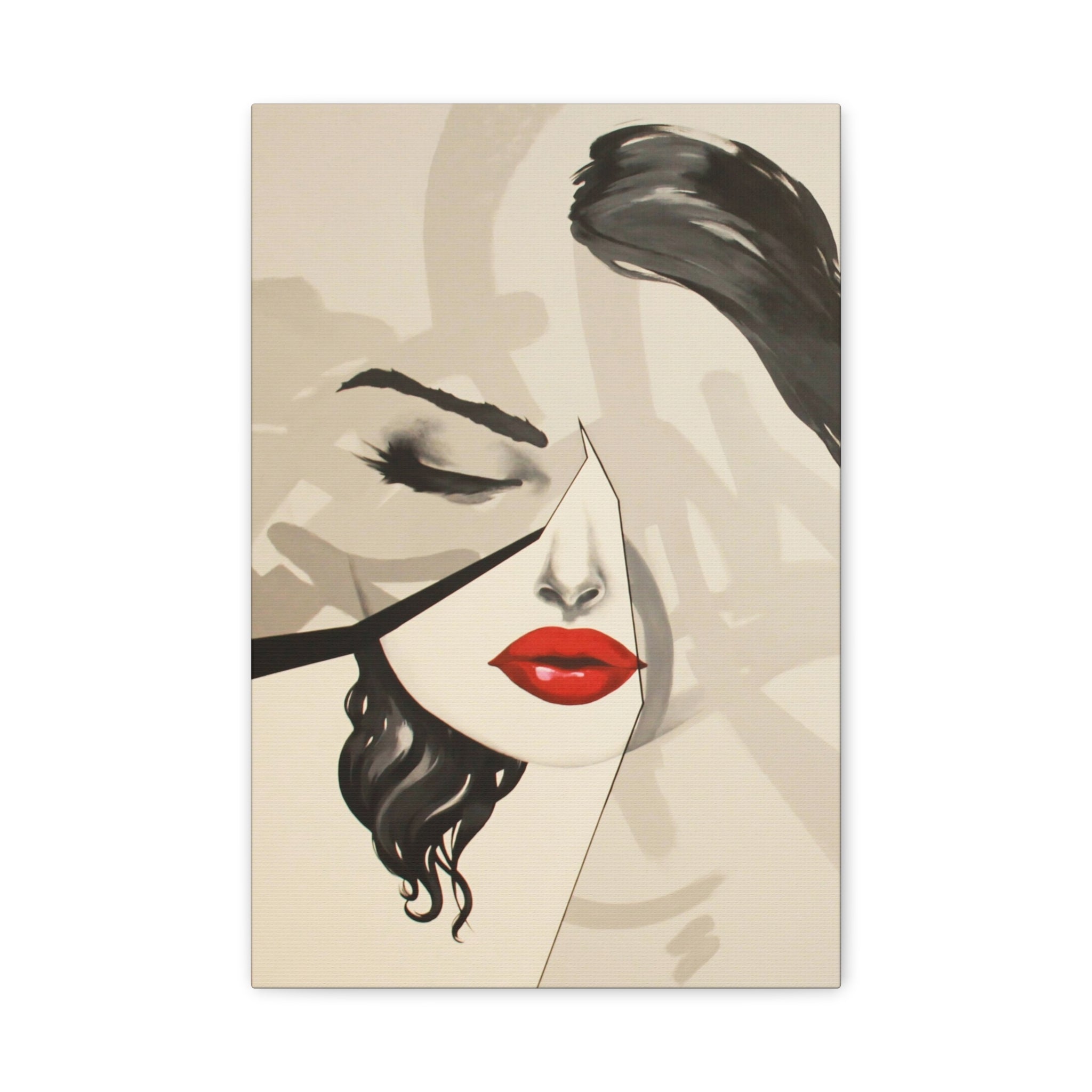 Abstract Red Lips Portrait Canvas Art - Matte Stretched Wall Decor