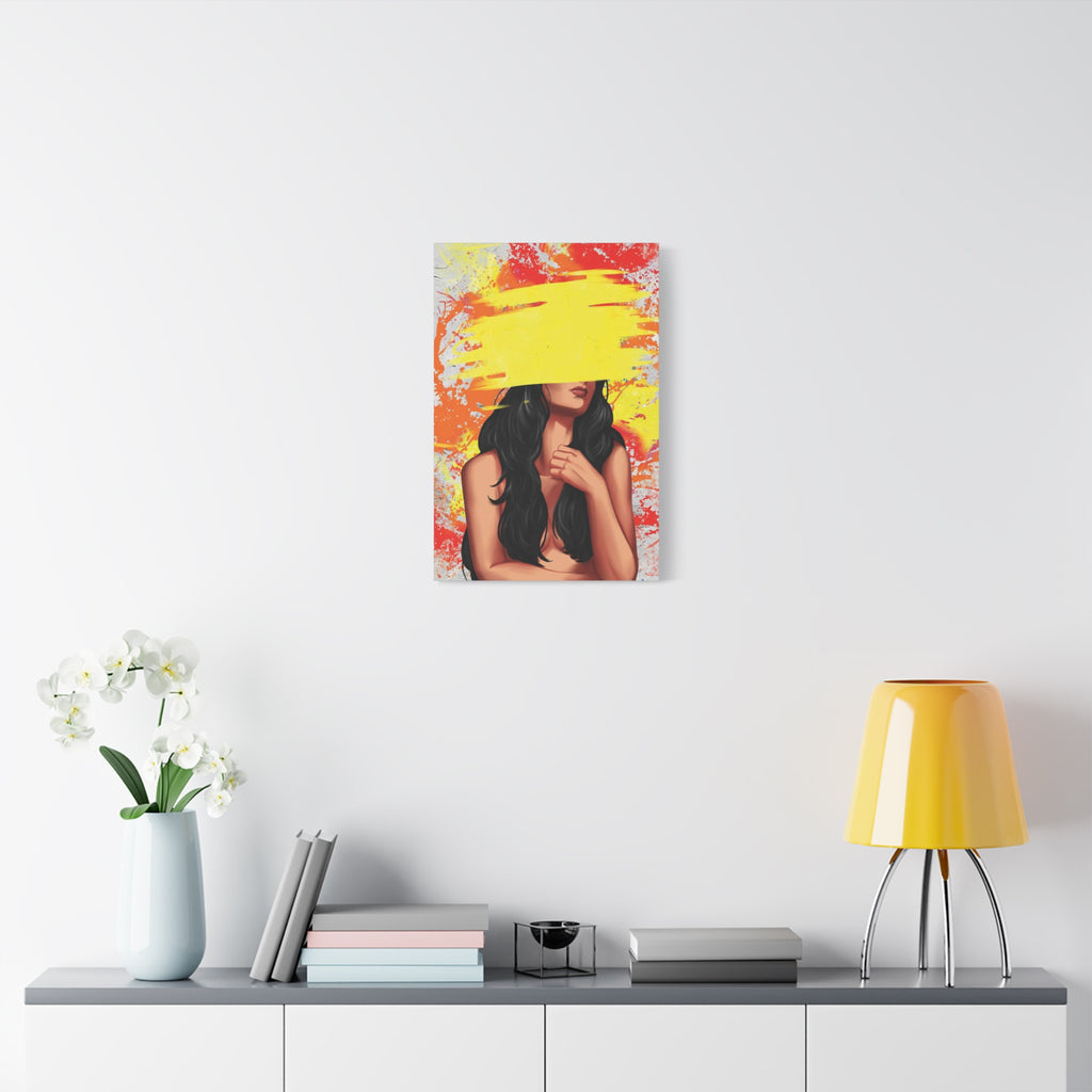 Abstract Femme Nude Canvas Art – Yellow Paint Stroke Portrait 